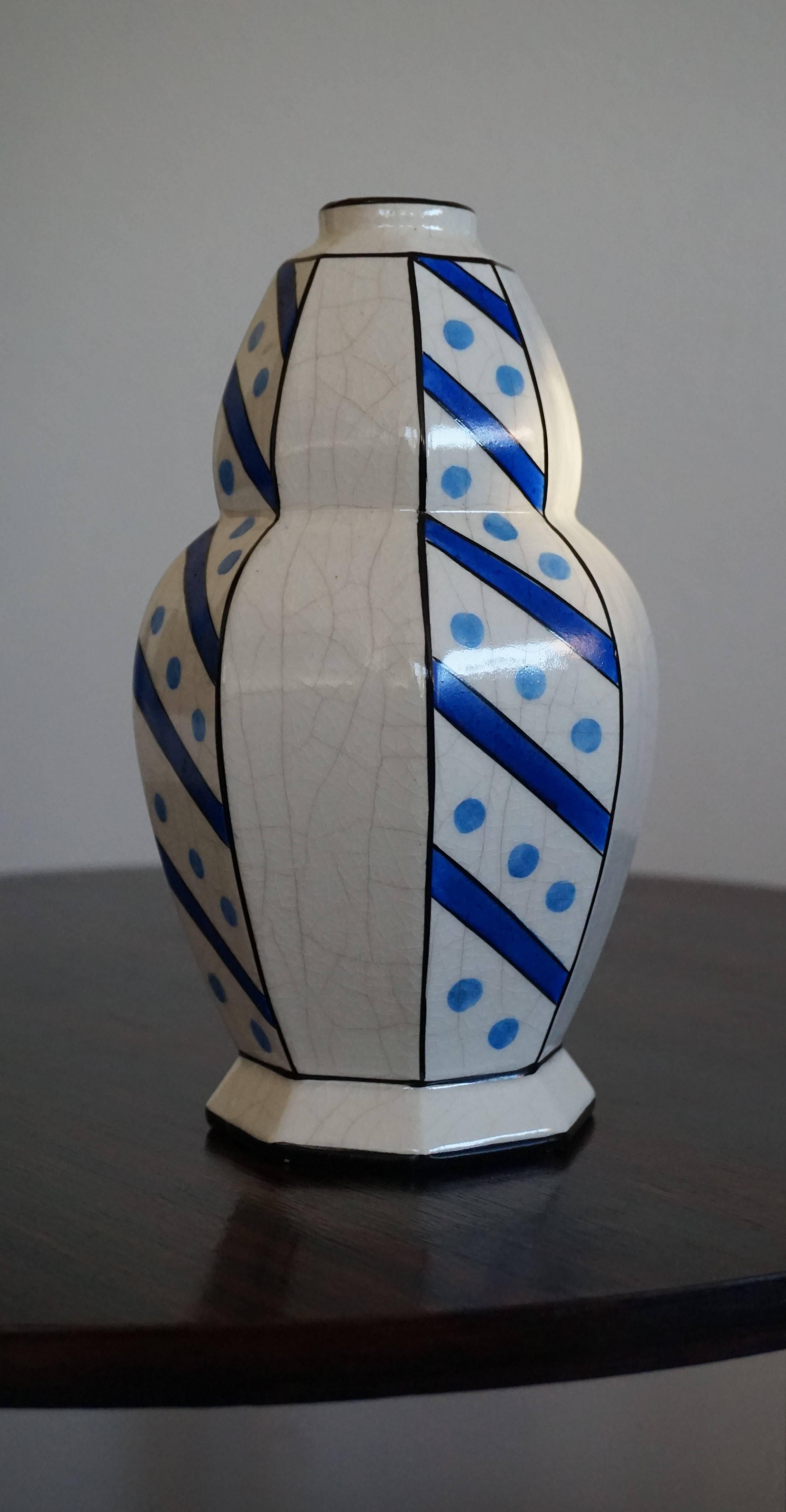Glazed Art Deco Design Vase Attributed to Charles Catteau Blue Dotts and Stripes For Sale 4