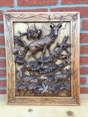 Pair of Antique Black Forest Carved Wood Plaques, Deer and Chamois Family Group