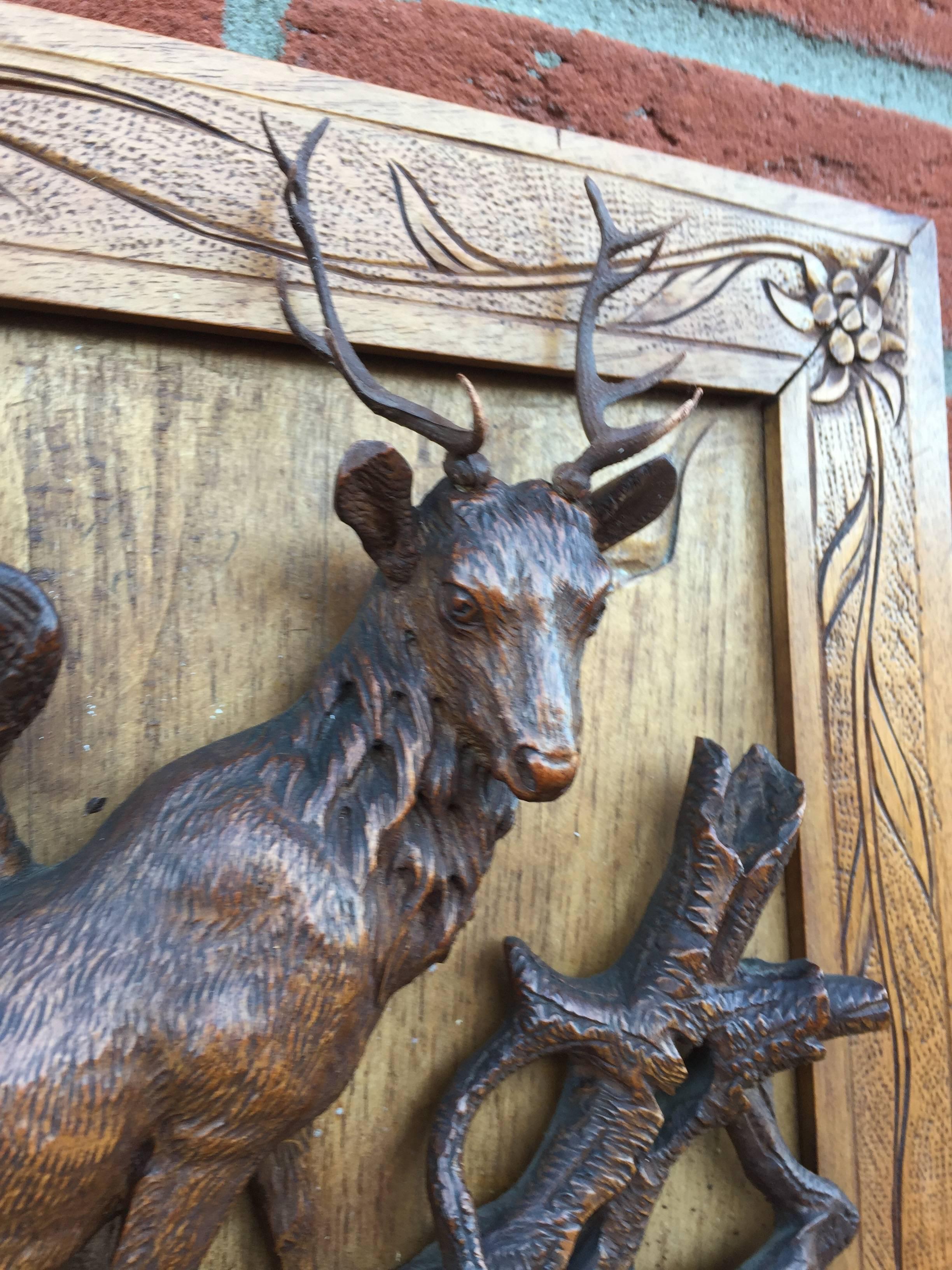 Hand-Carved Pair of Antique Black Forest Carved Wood Plaques, Deer and Chamois Family Group