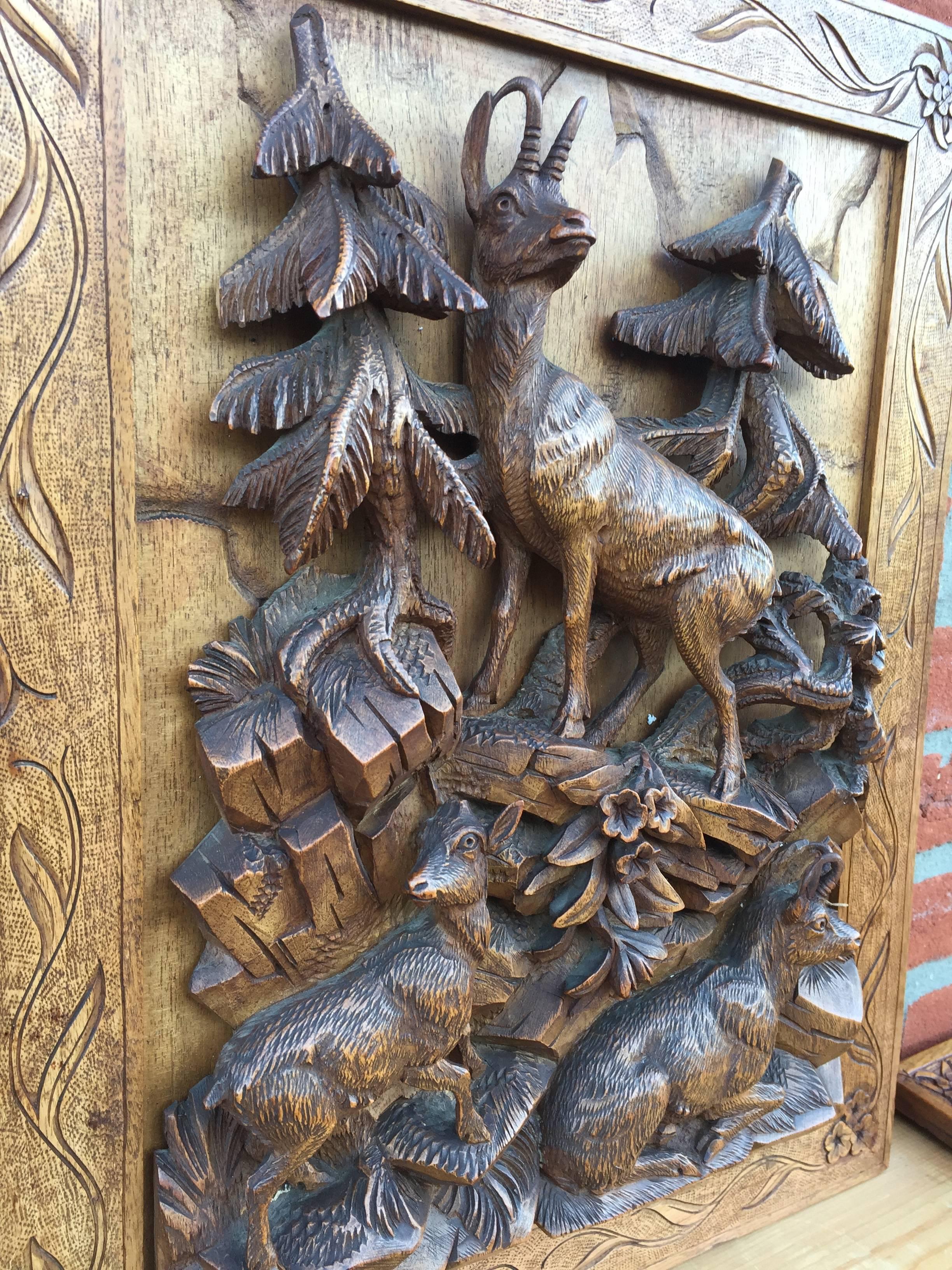 Pair of Antique Black Forest Carved Wood Plaques, Deer and Chamois Family Group 1