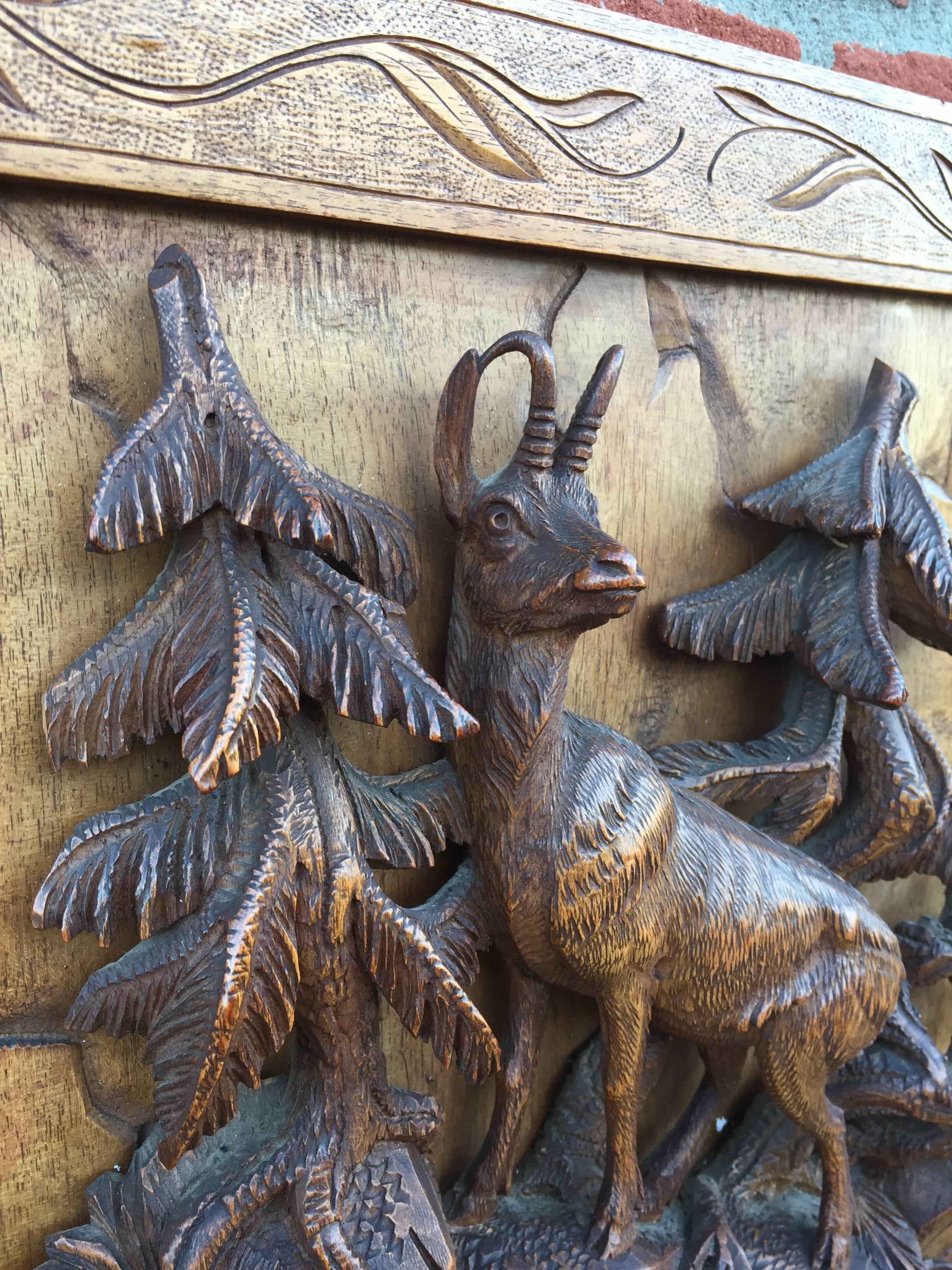 Pair of Antique Black Forest Carved Wood Plaques, Deer and Chamois Family Group 2