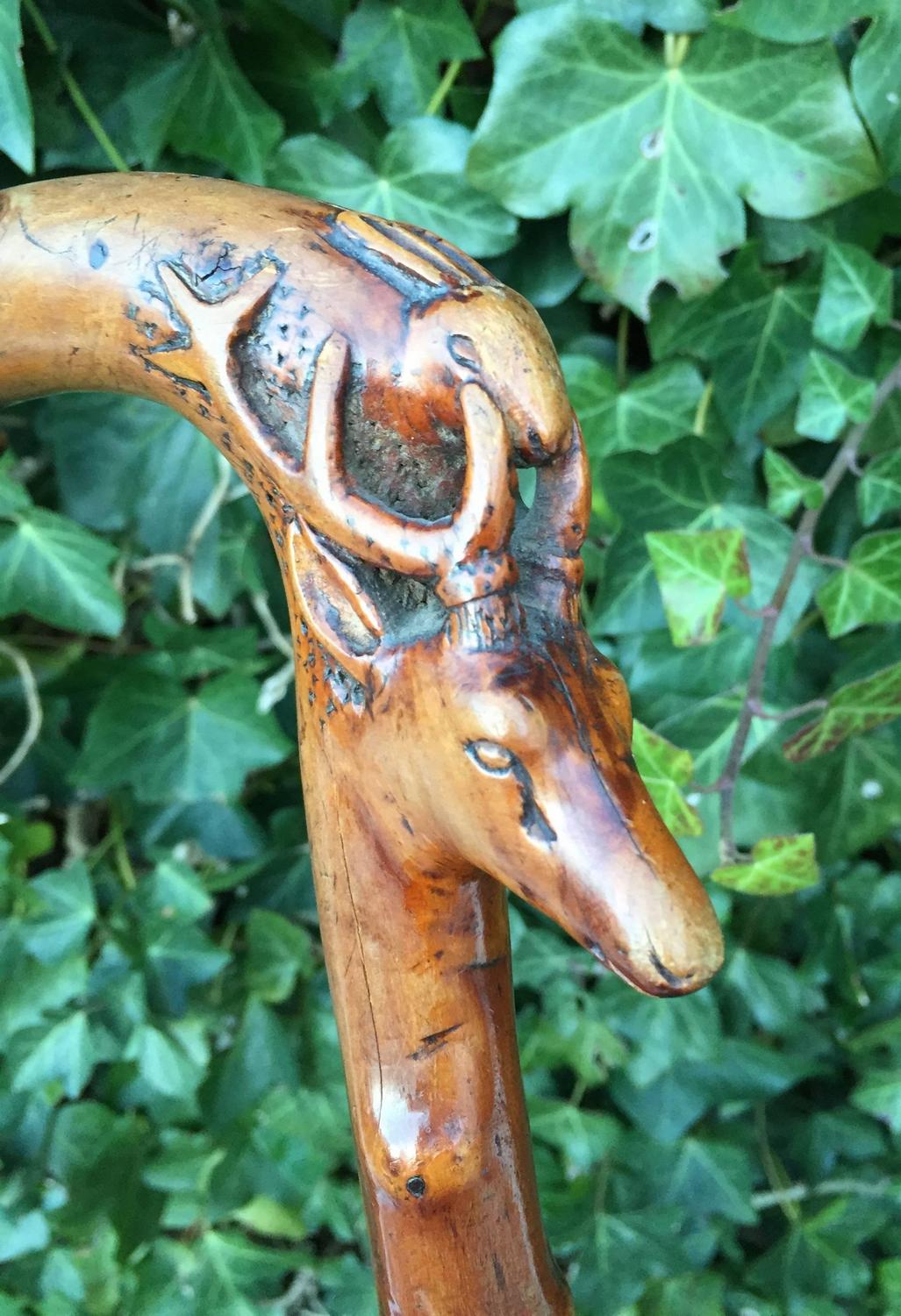 Antique Hunting Cane Walking Stick with Carved Deer Fox Hare Hound and