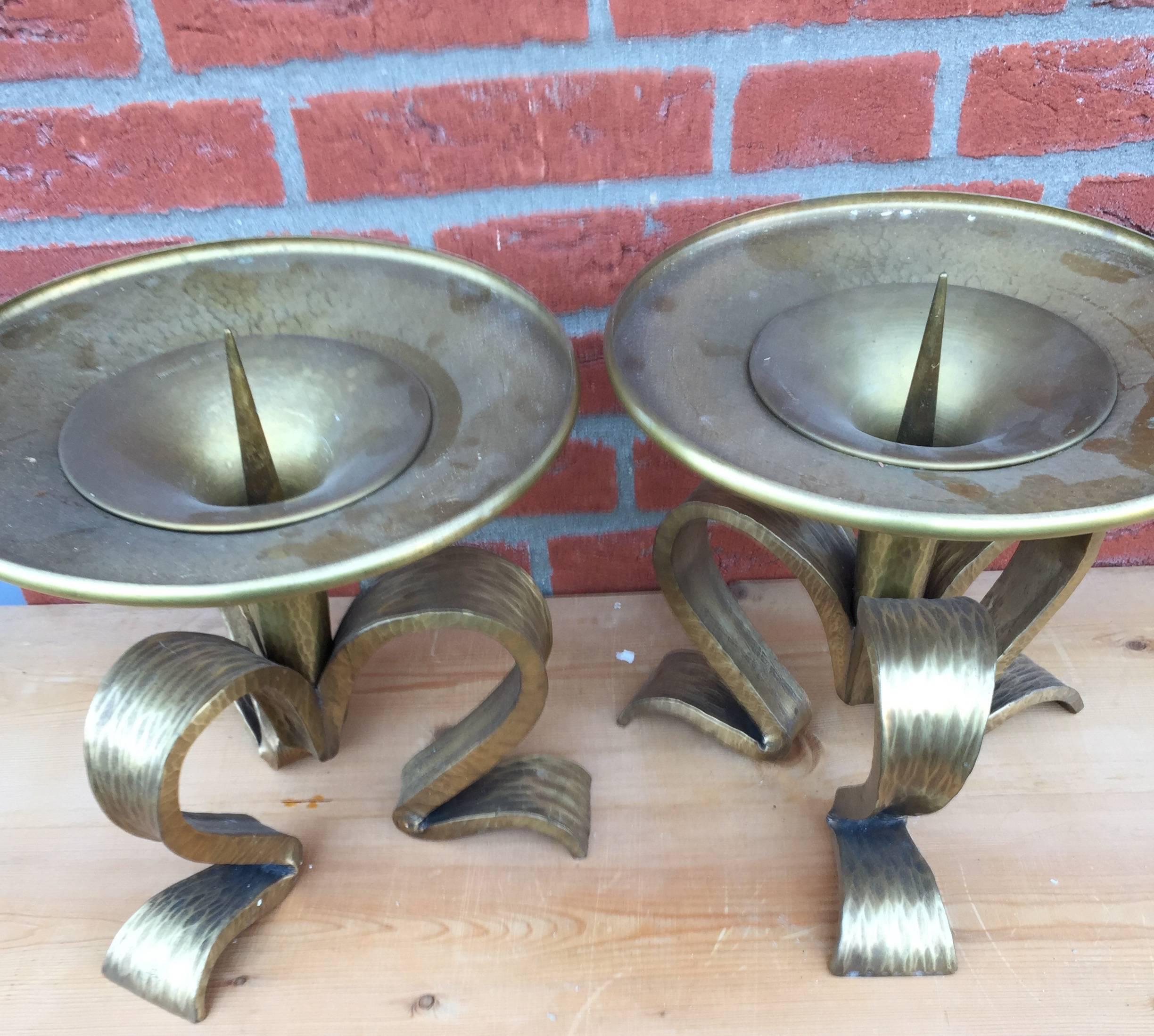 Dutch Large Pair Gothic Revival Hand Crafted Brass Table or Altar Candlesticks For Sale