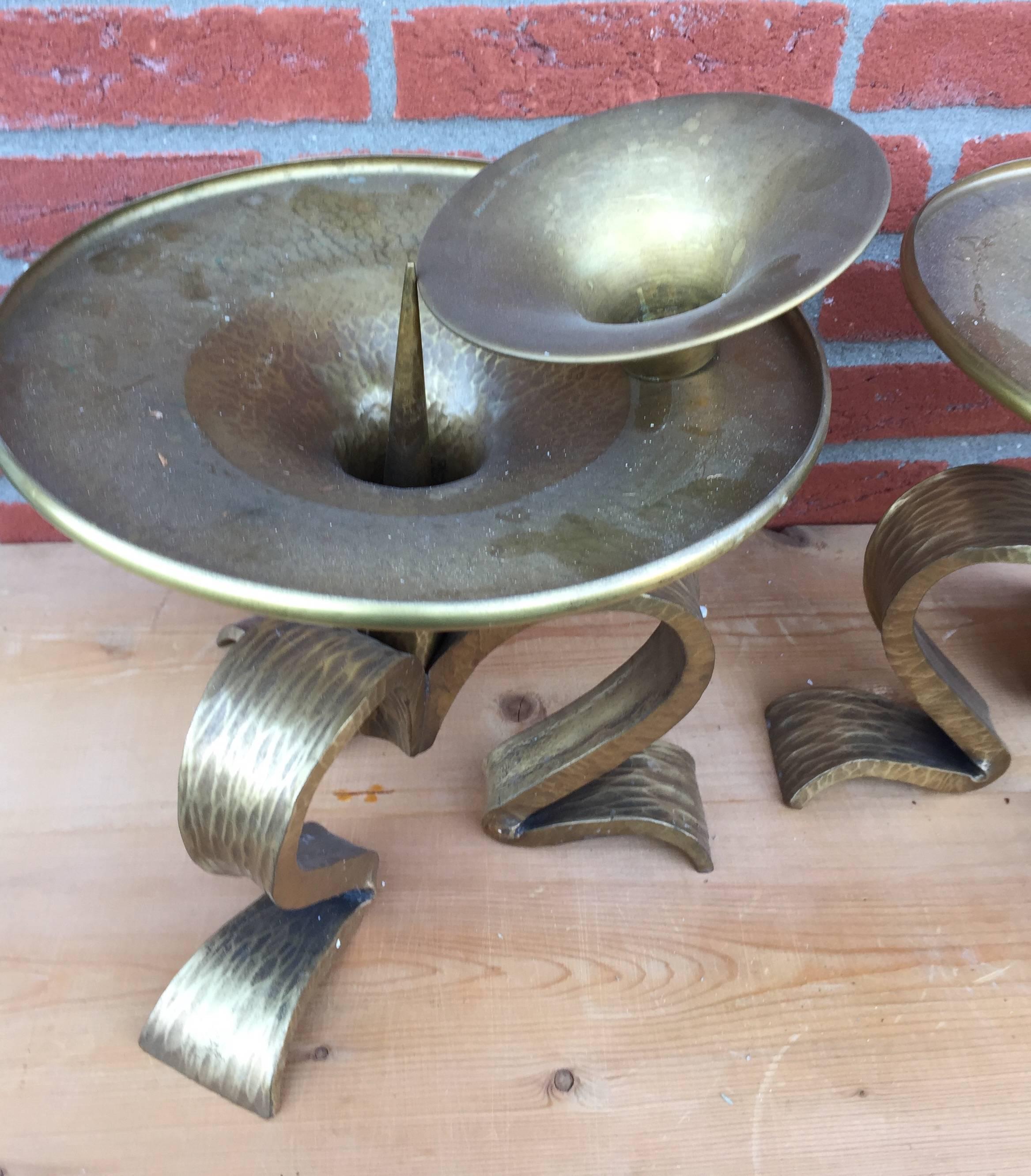 Large Pair Gothic Revival Hand Crafted Brass Table or Altar Candlesticks In Excellent Condition For Sale In Lisse, NL