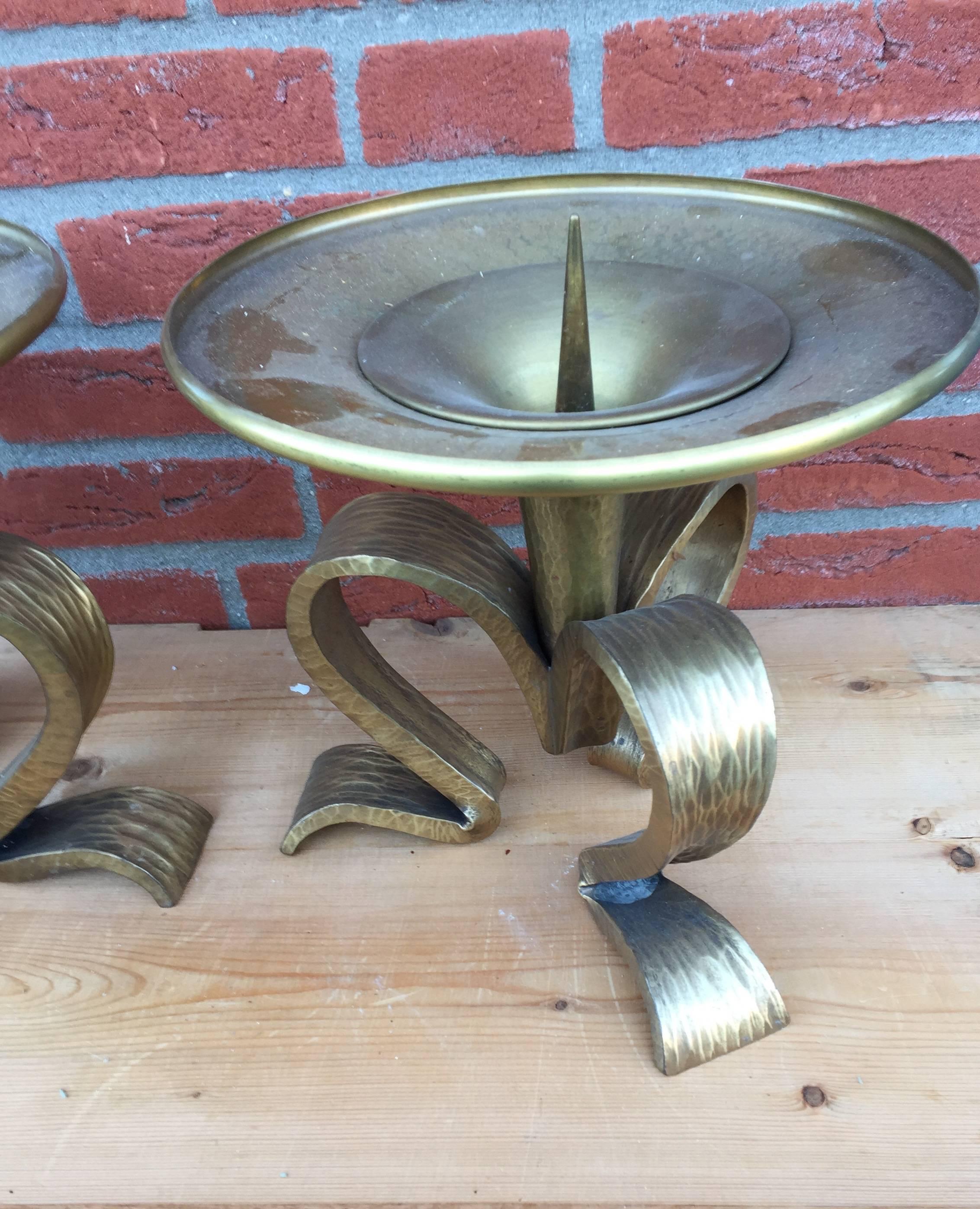 Large Pair Gothic Revival Arts & Crafts Brass Table or Altar Candlesticks For Sale 3