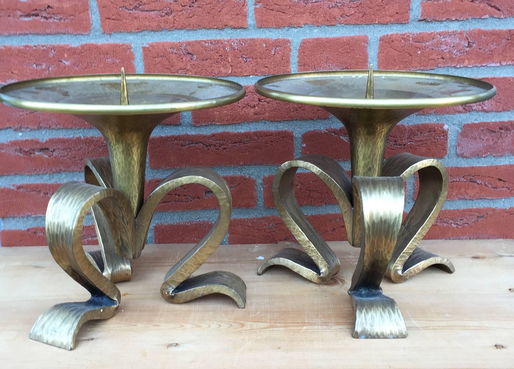 Large Pair Gothic Revival Hand Crafted Brass Table or Altar Candlesticks For Sale 4