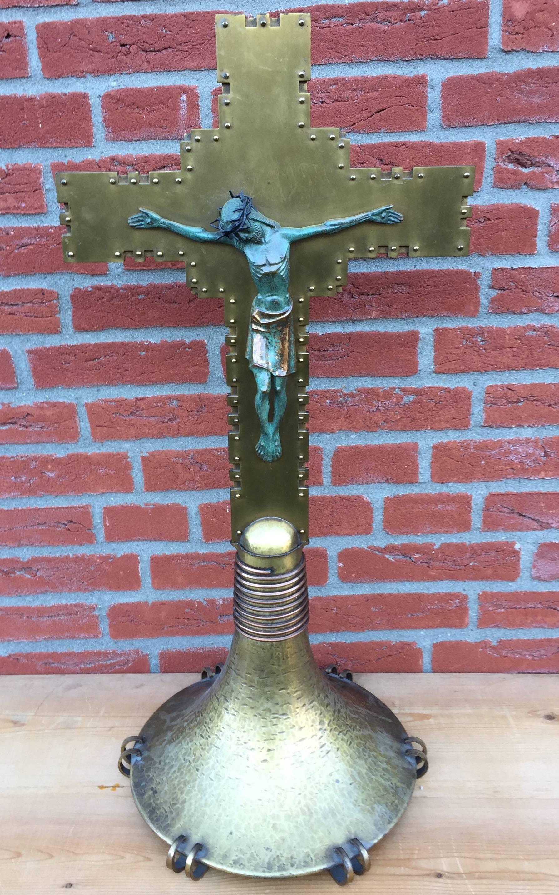 Gothic Amsterdamse School Style Large Quality Brass Altar Crucifix by H. v/d Heijden