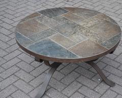 Midcentury Wrought Iron and Slate, Round Shape Coffee Table or Cocktail table