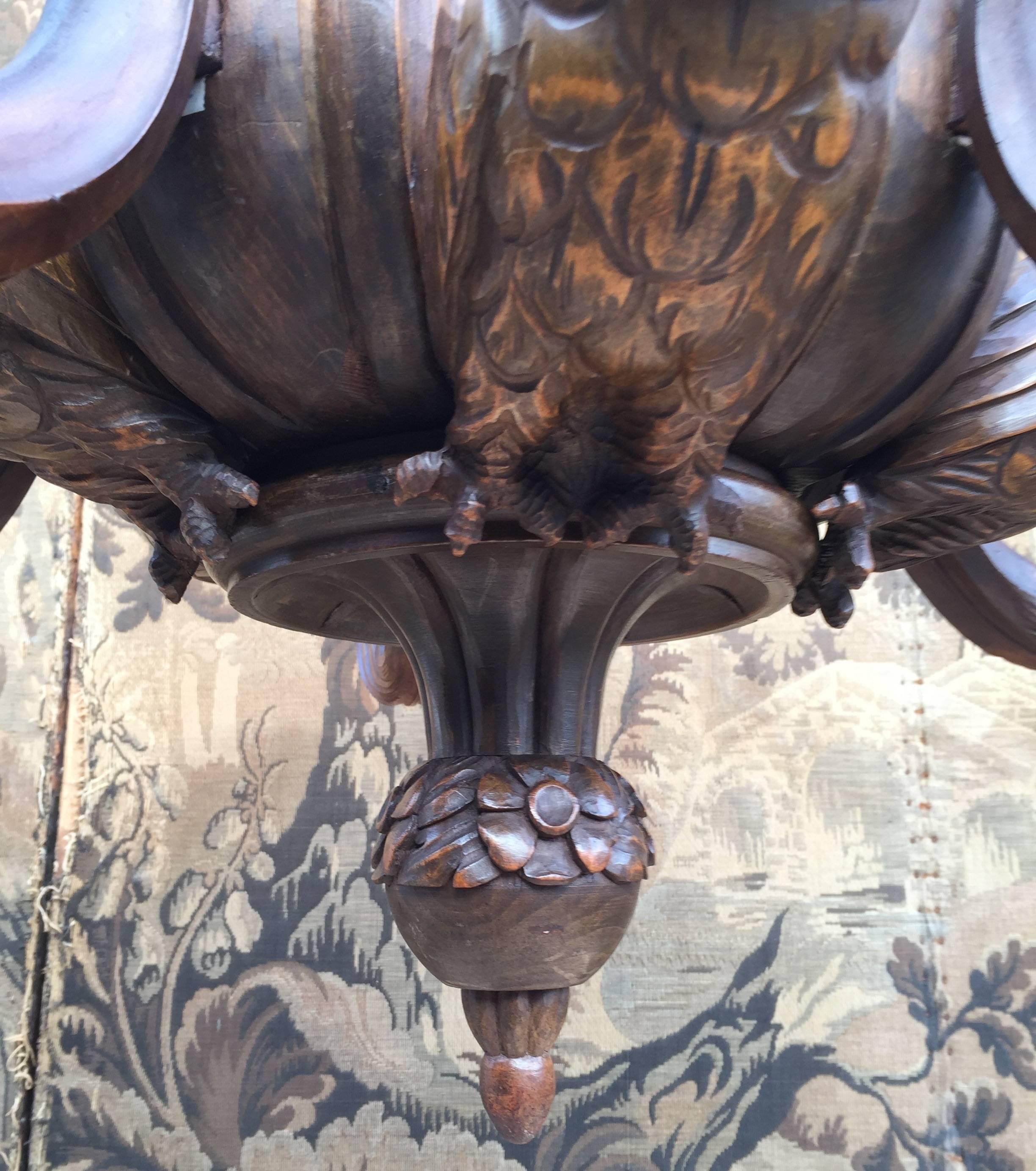 Hand-Carved Unique and Large Black Forest Carved Wood Chandelier with Five Owl Sculptures