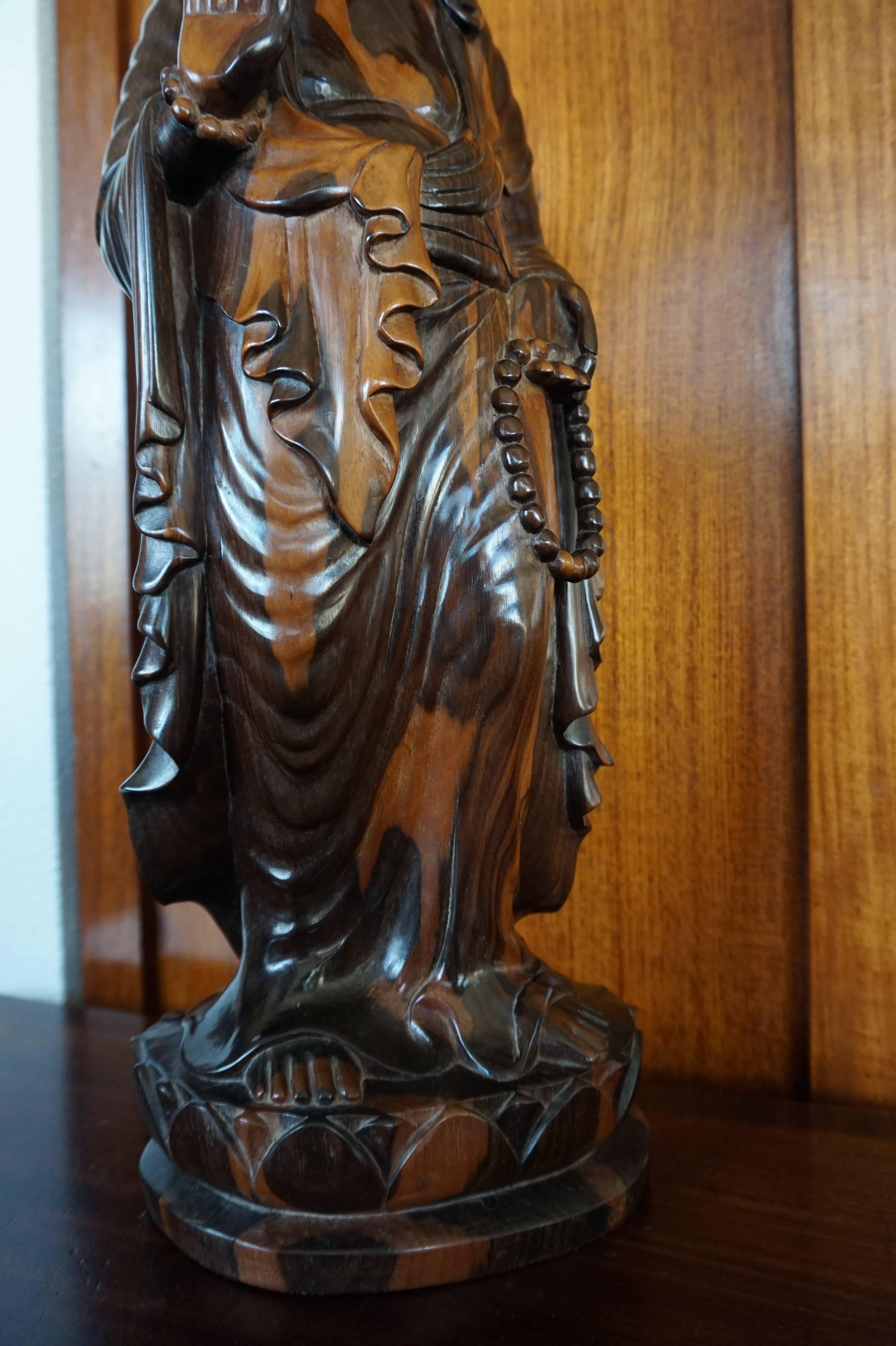 Asian Large and Stunning Carved Coromandel Sculpture of Standing Buddha Amida on Lotus