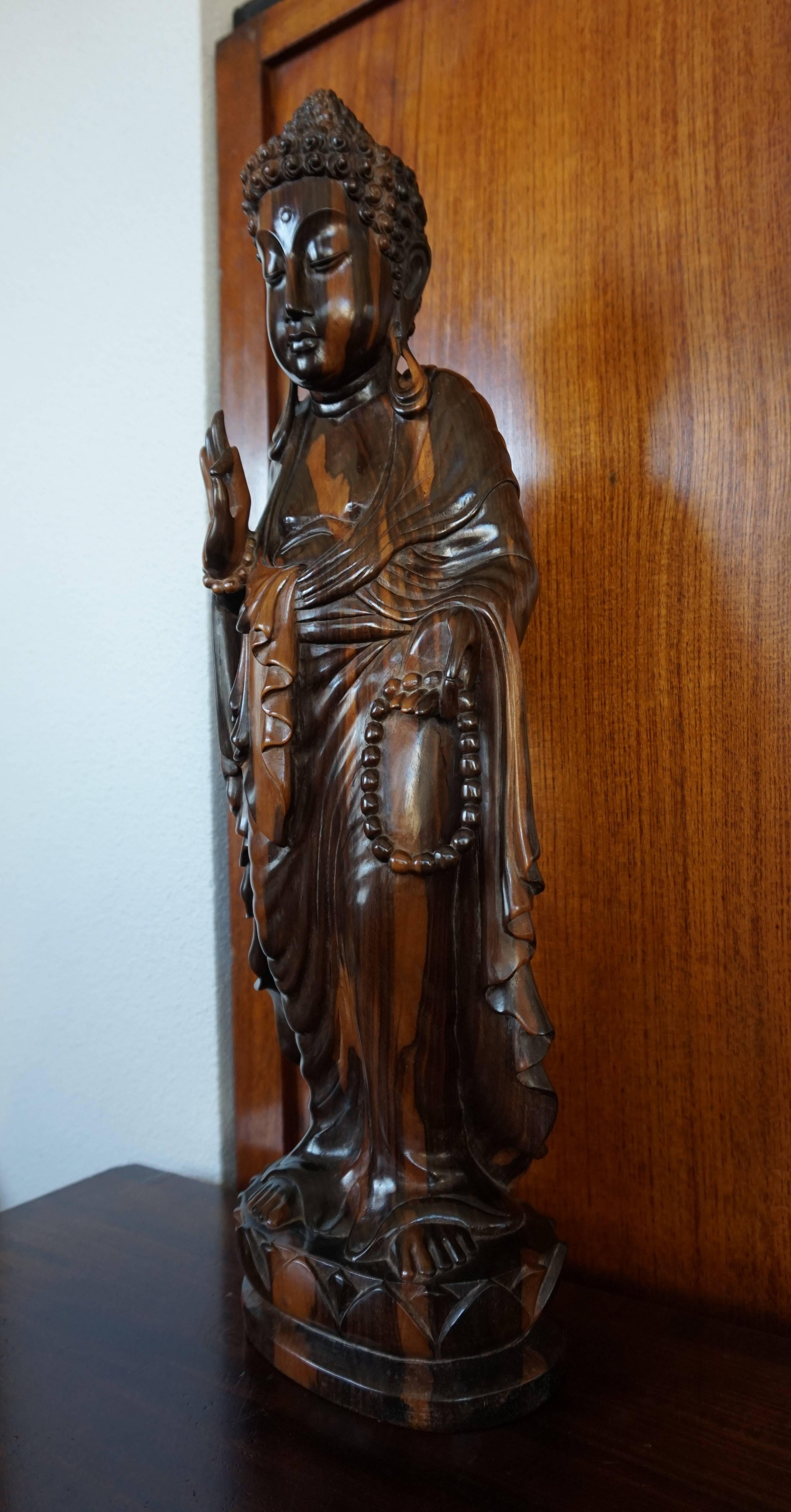 20th Century Large and Stunning Carved Coromandel Sculpture of Standing Buddha Amida on Lotus