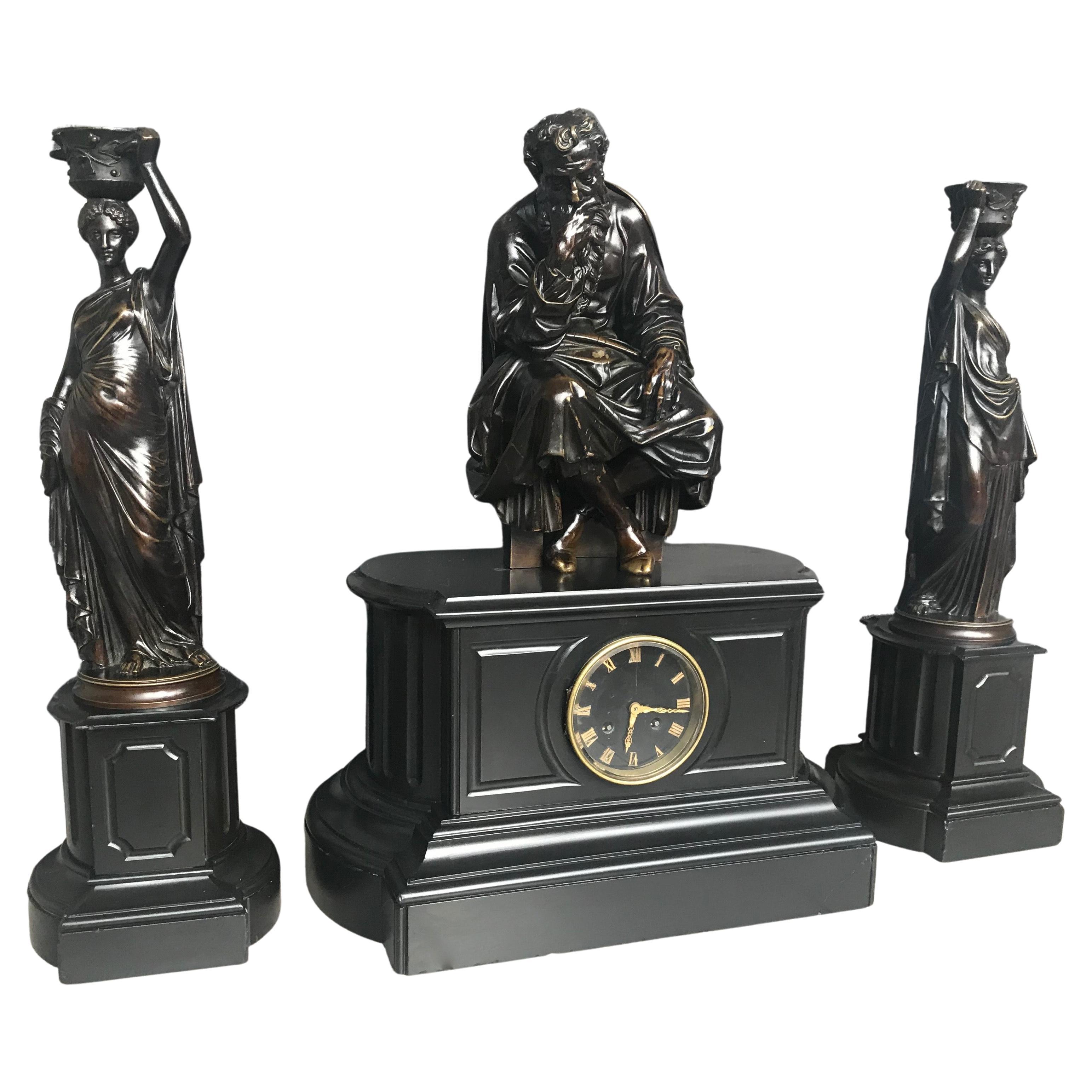 Rare Bronze & Black Marble Clock Set by Deniere A Paris the Philosopher, c.1860 For Sale