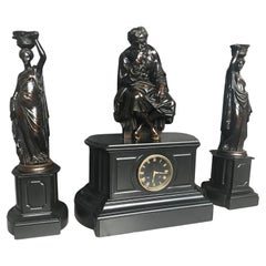 Rare Bronze & Black Marble Clock Set by Deniere A Paris the Philosopher, c.1860