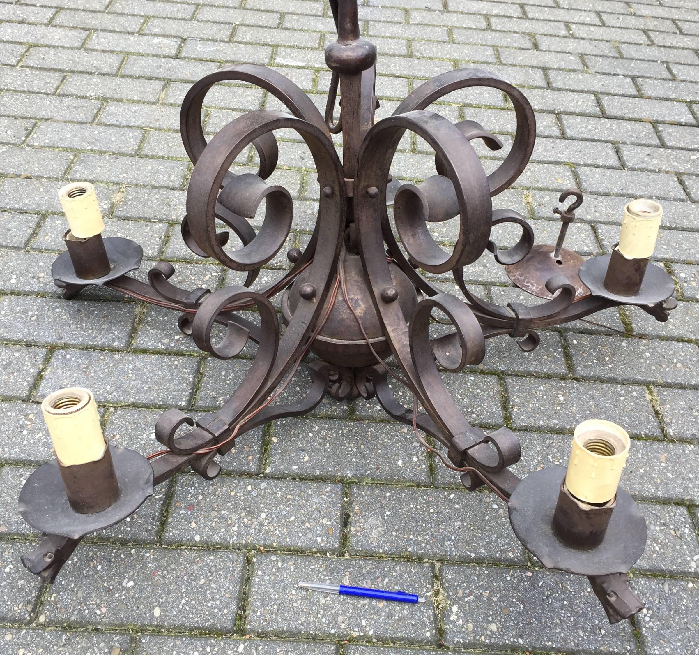 European Forged in Fire Wrought Iron five-Light Chandelier/Ceiling Lamp with Dragon Heads