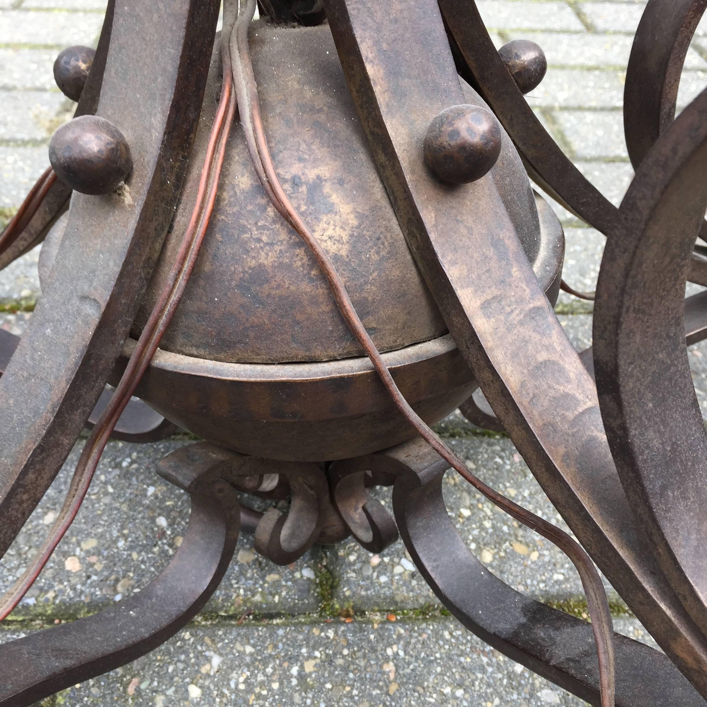 Forged in Fire Wrought Iron five-Light Chandelier/Ceiling Lamp with Dragon Heads In Excellent Condition In Lisse, NL