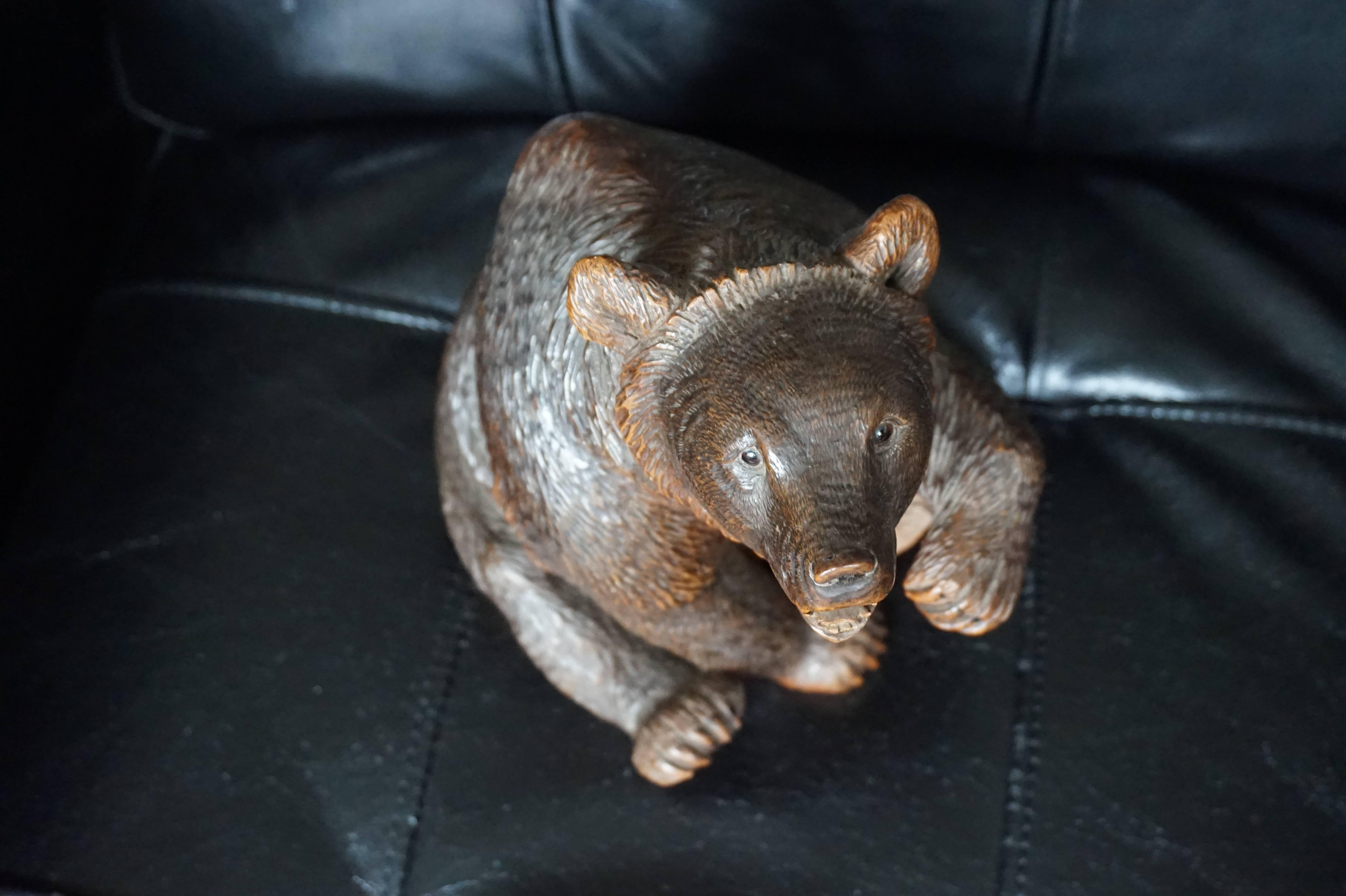 Wood Antique Top Quality Carved Black Forest Bear Sculpture and Striking Deskpiece