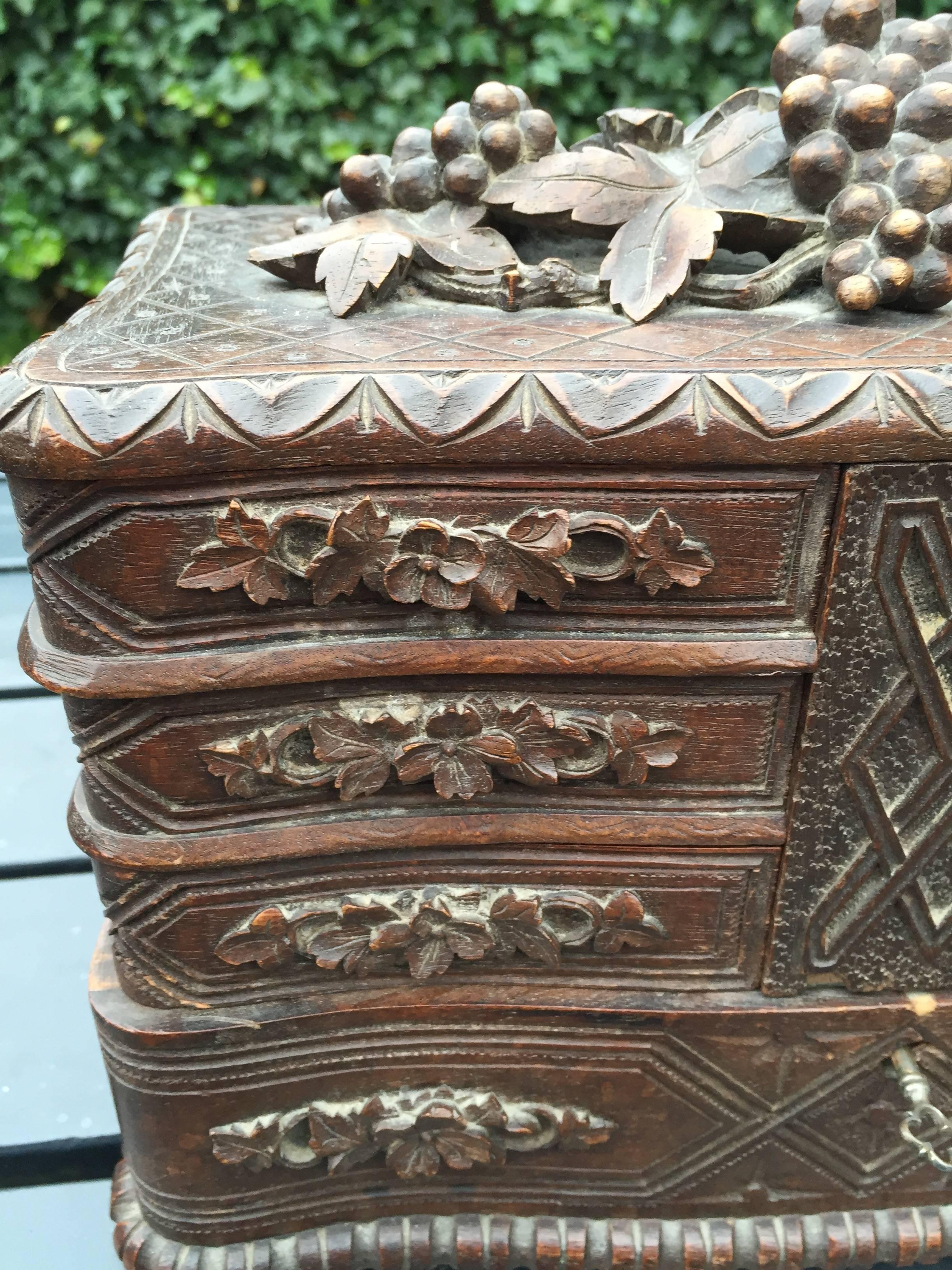 Hand-Carved 19th Century Carved Jewelry, Treasure Box, Cabinet and Seven Drawers
