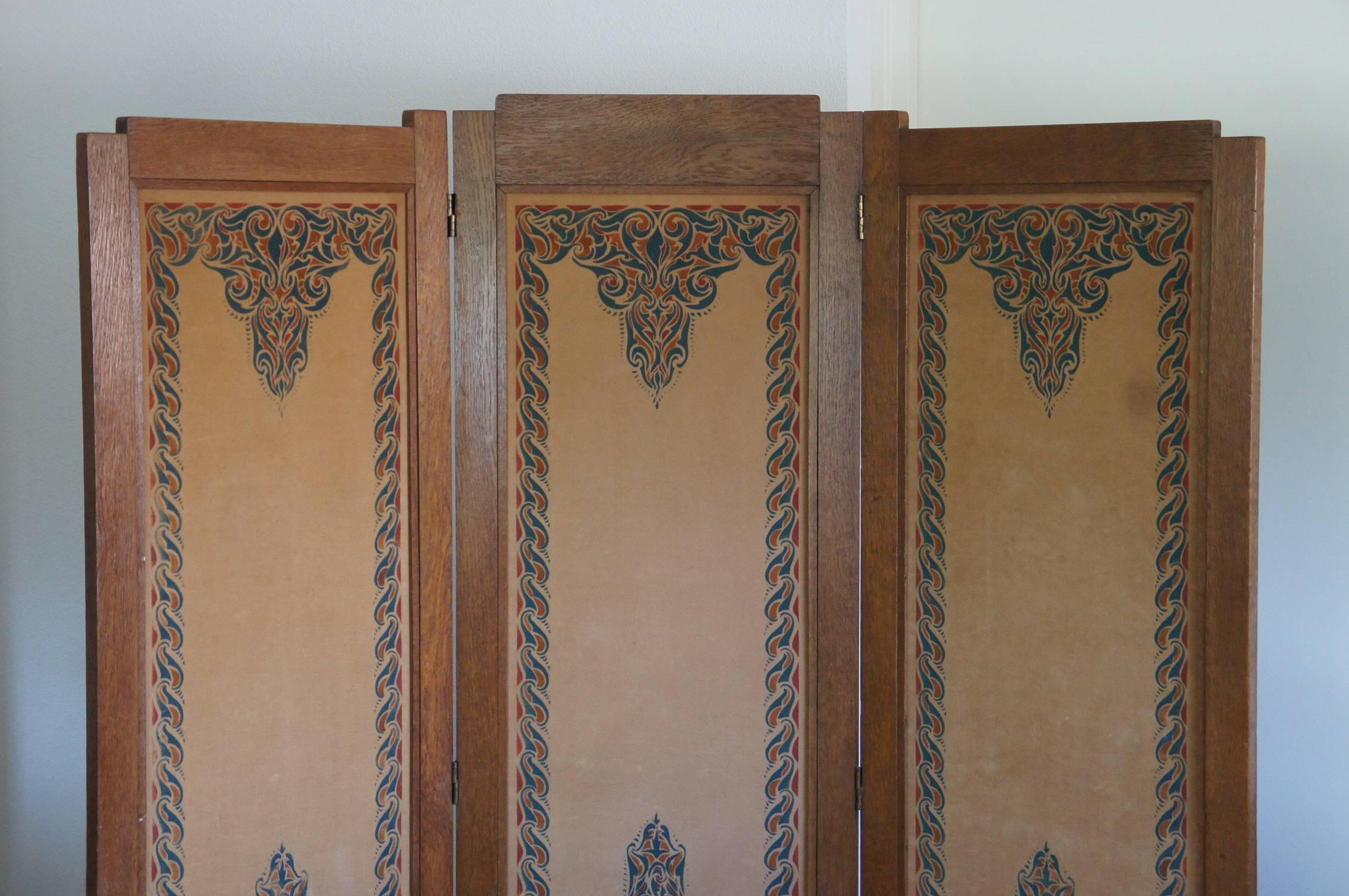 Unique Amsterdam School folding screen from the early 1900's.

This stylish folding screen is a fine example of how the famous Amsterdam School was influenced by the former Dutch colony of Indonesia. The stunning, colorful and flowing motives are an