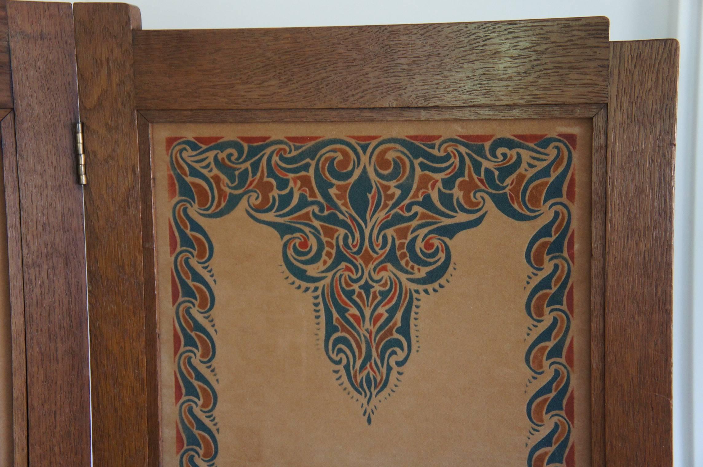 20th Century Dutch Arts and Crafts Folding Screen with Batik Printed Felt on Wooden Panels