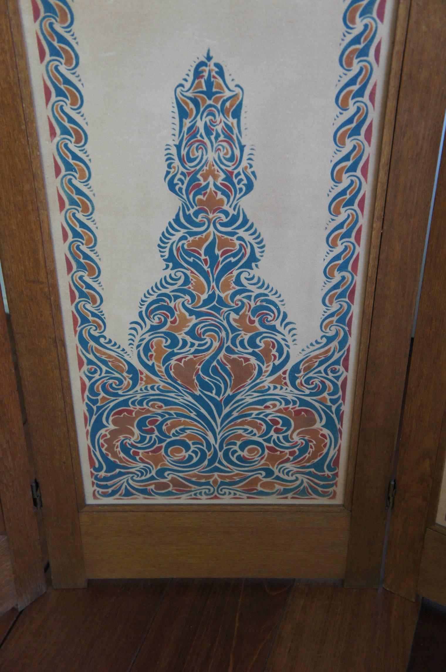 Dutch Arts and Crafts Folding Screen with Batik Printed Felt on Wooden Panels 1