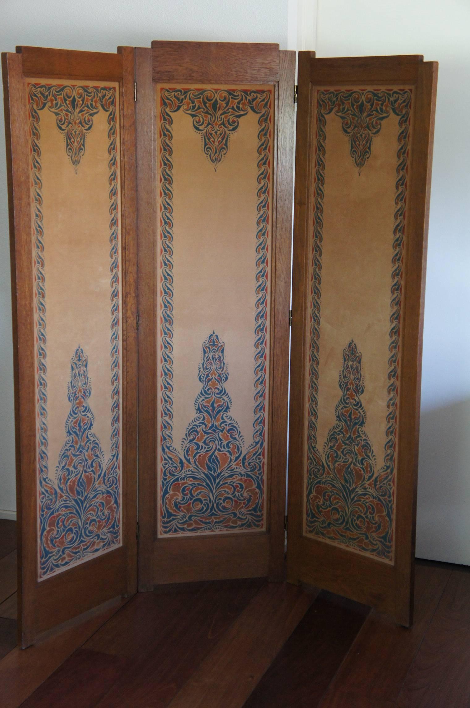 Dutch Arts and Crafts Folding Screen with Batik Printed Felt on Wooden Panels 2