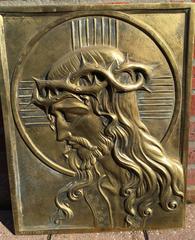Early 1900 Heavy Art Nouveau Bronze Wall Plaque of Jesus - Christ by Hautfenne