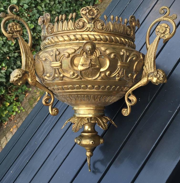 Gothic Revival Heavy Bronze Sanctuary Lamp Pendant with Glass Candle