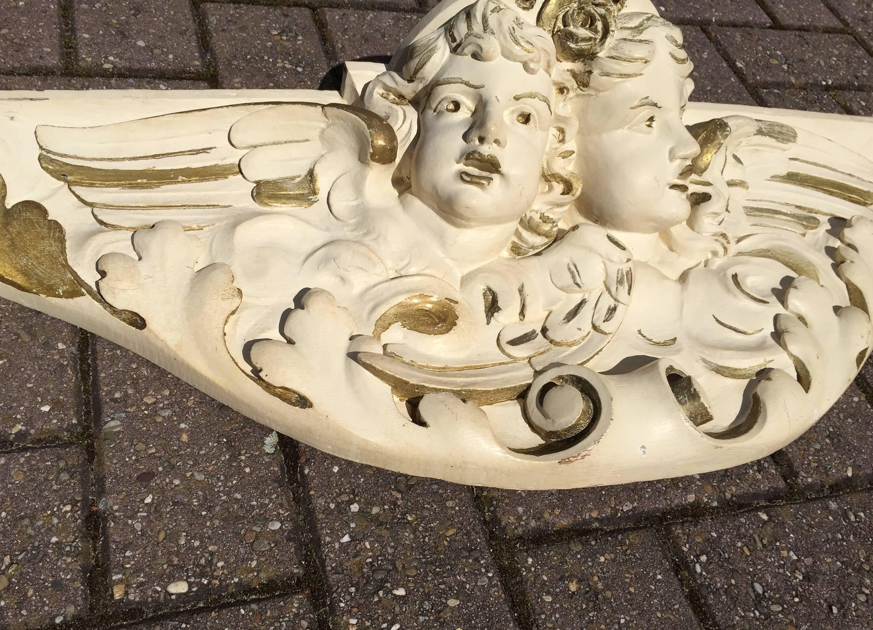 Antique 51 Inch Wide Oak Bracket Shelve with Carved Putti Cherub Angel Sculpture In Excellent Condition In Lisse, NL