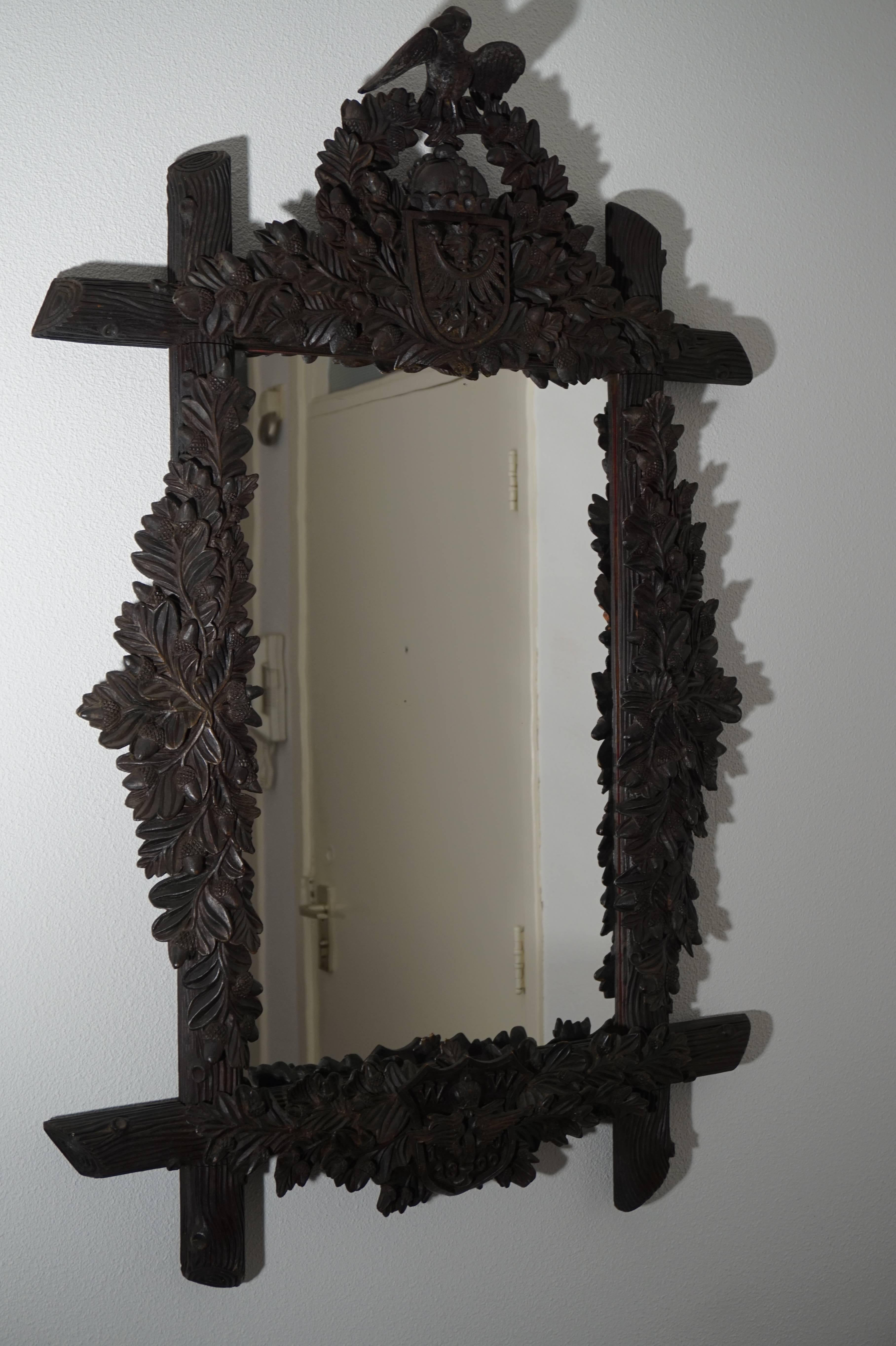Antique Hand Carved Black Forest Mirror with Crest and Date Letter and Eagle  In Excellent Condition In Lisse, NL