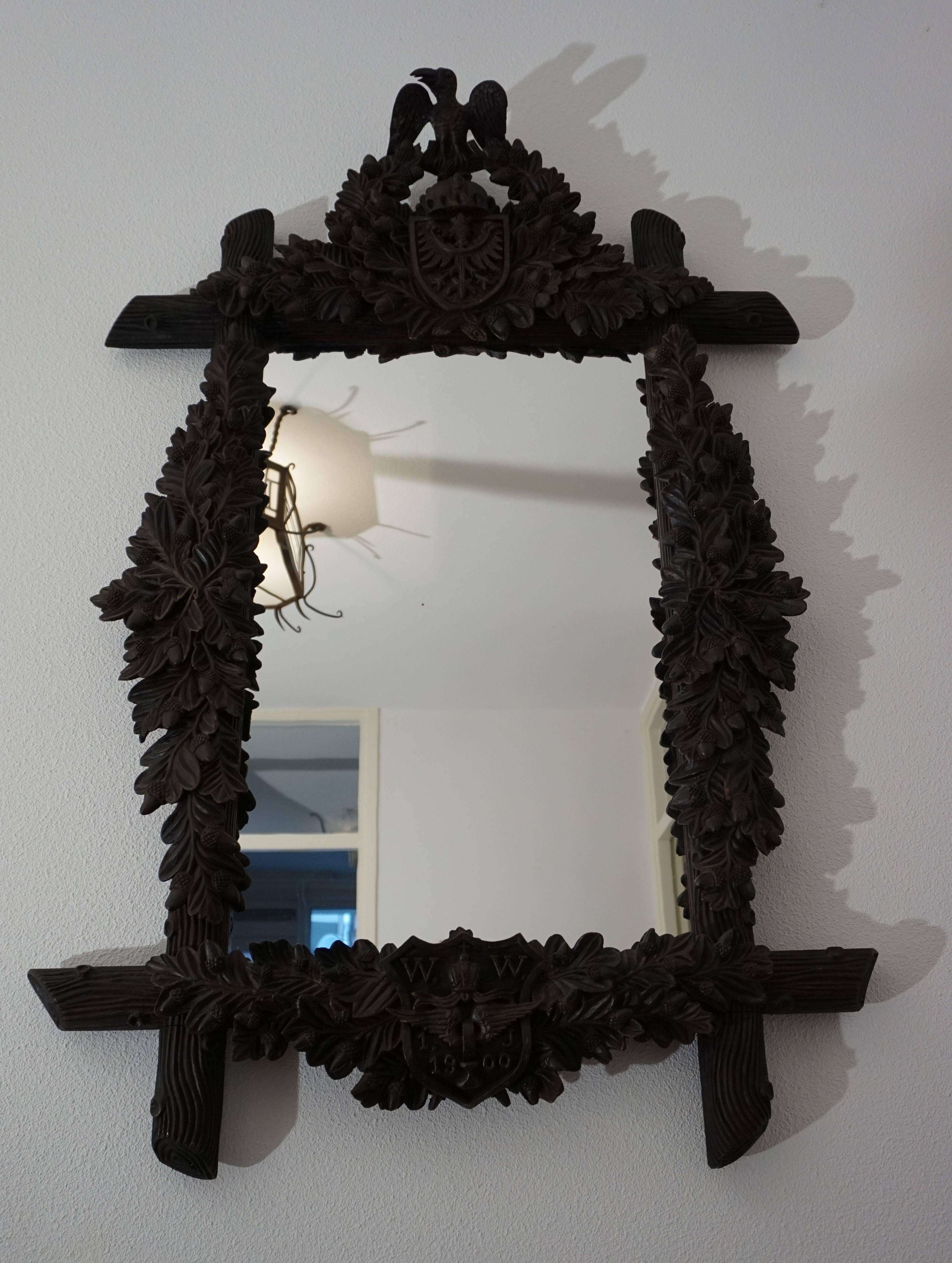 Antique Hand Carved Black Forest Mirror with Crest and Date Letter and Eagle  3