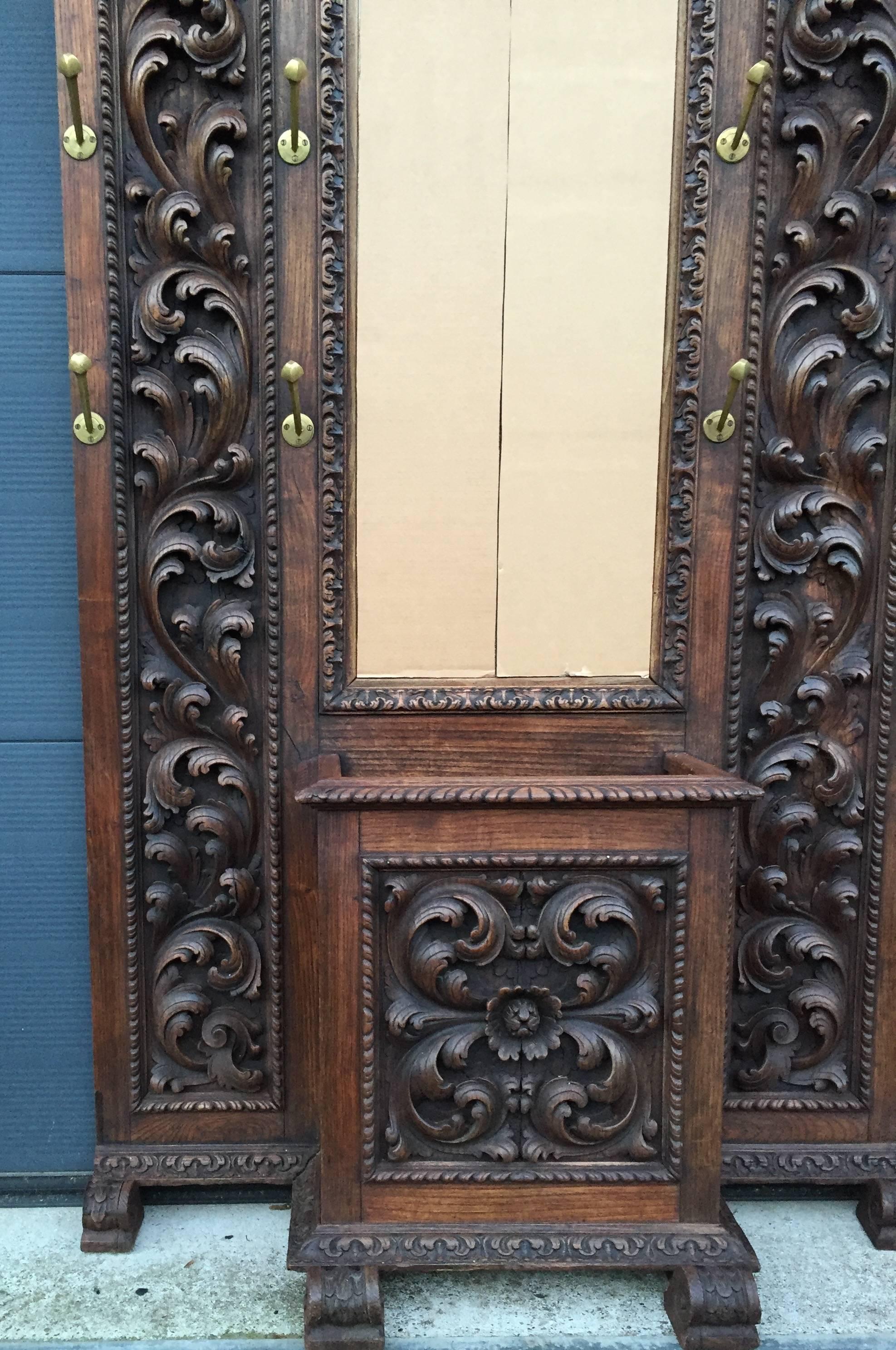 Hand-Carved Antique and Magnificently Carved Coat Rack with Umbrella Stand and Mirror