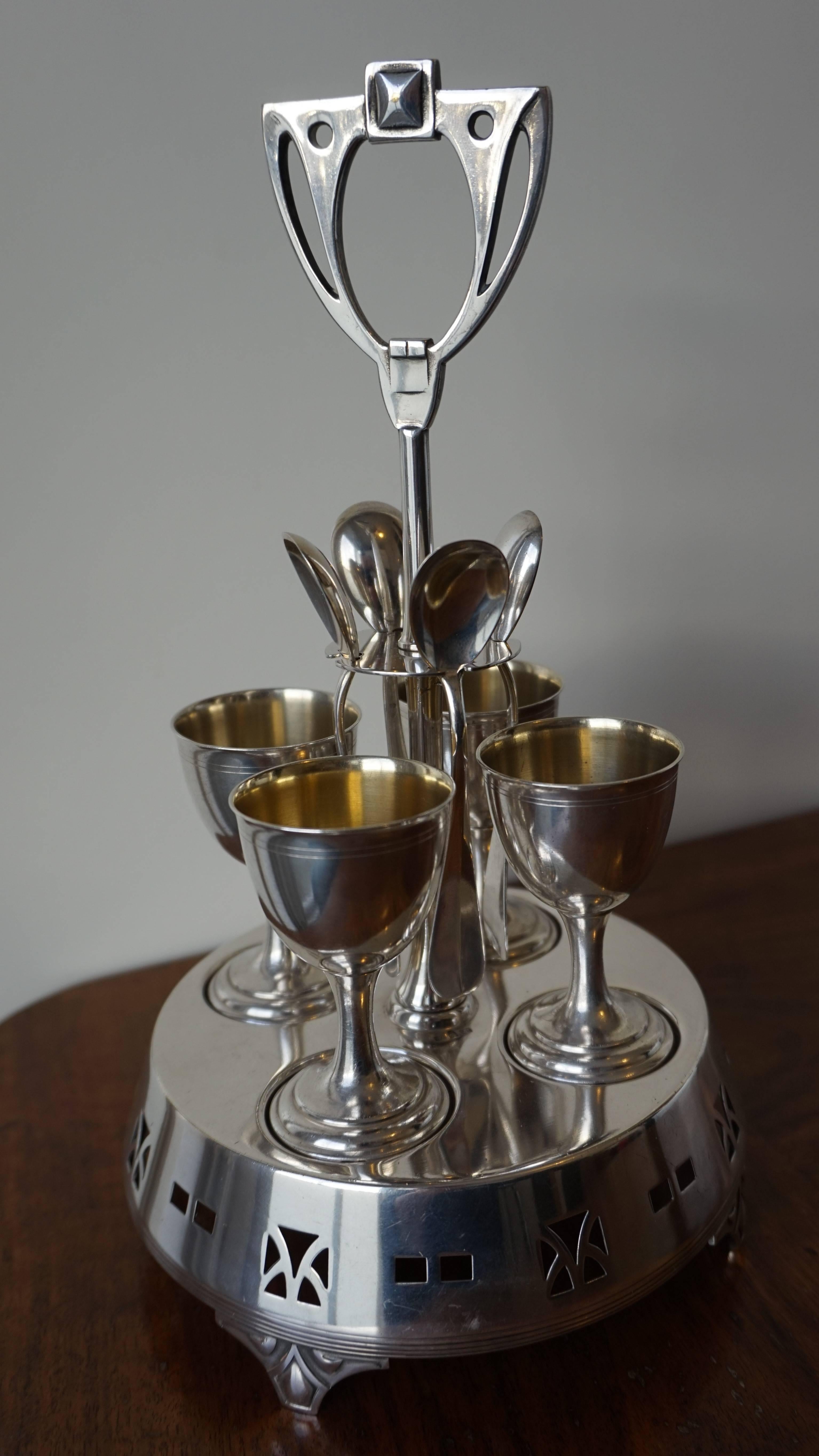 WMF Jugendstil Silvered and Gilt Egg Cups and Spoons Holder Early 20th Century 5