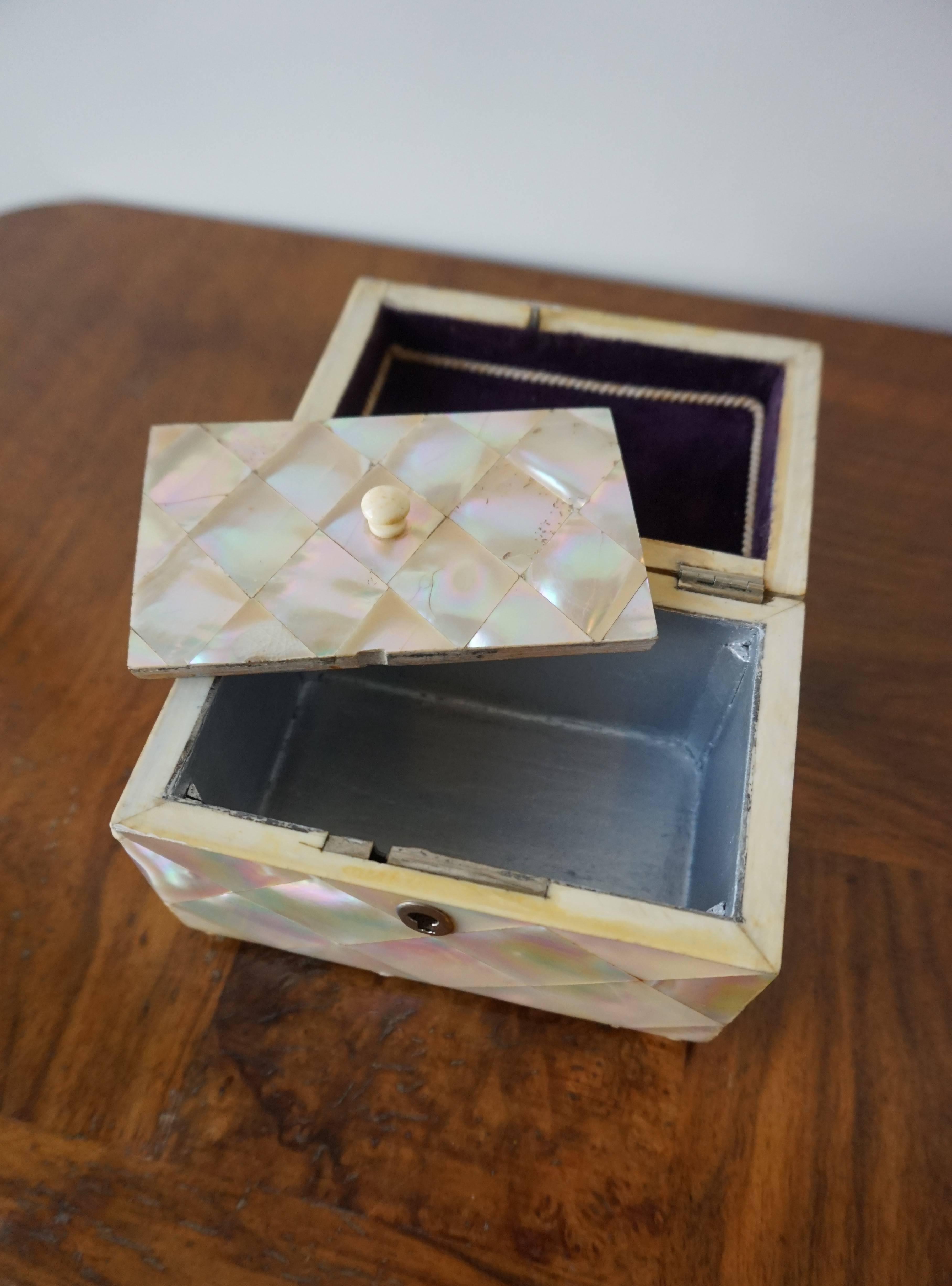 Antique Mother-of-Pearl Tea Caddy Box with Silver Lock & Hinges and Bone Feet In Excellent Condition In Lisse, NL