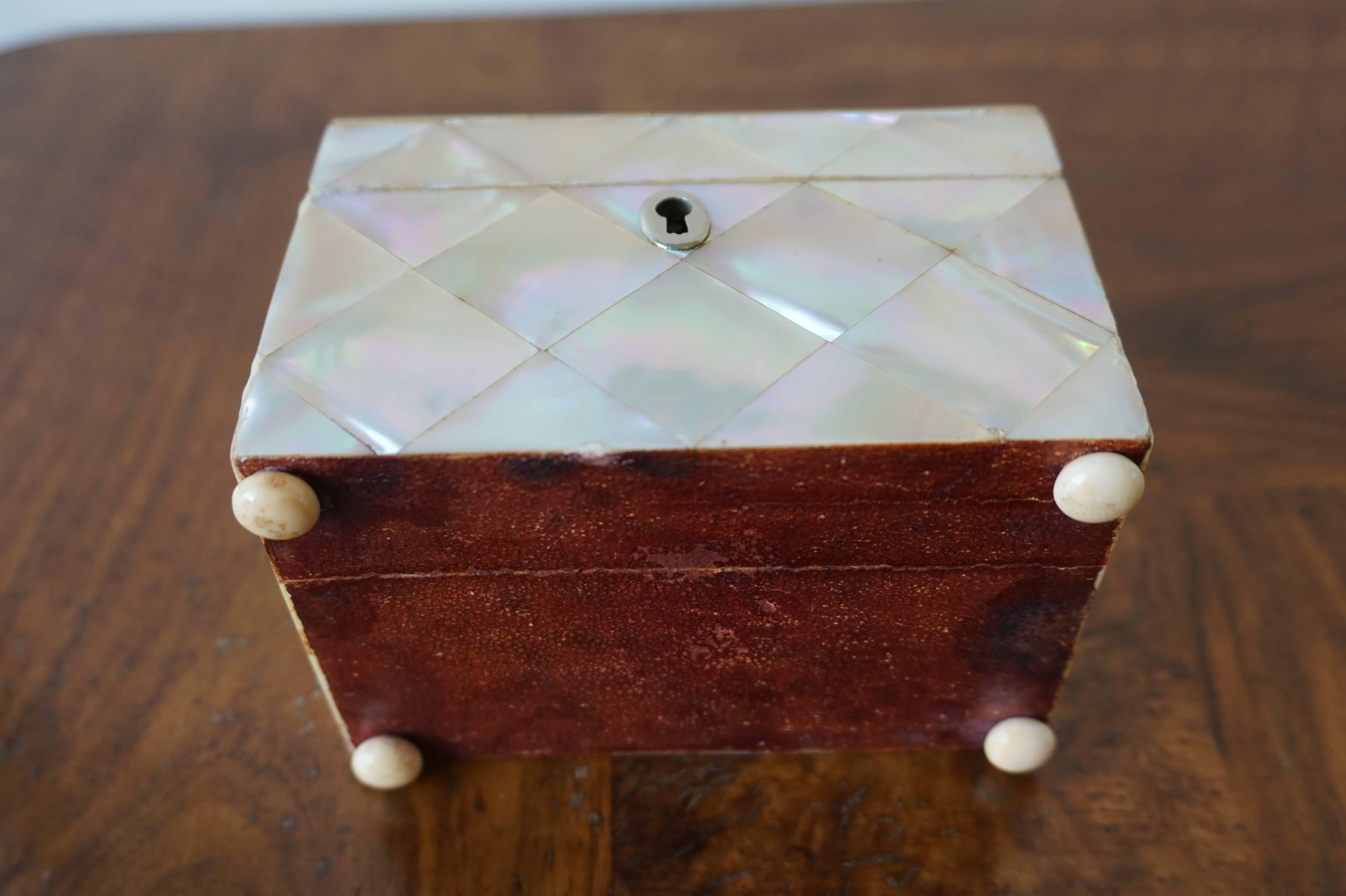 Antique Mother-of-Pearl Tea Caddy Box with Silver Lock & Hinges and Bone Feet 1