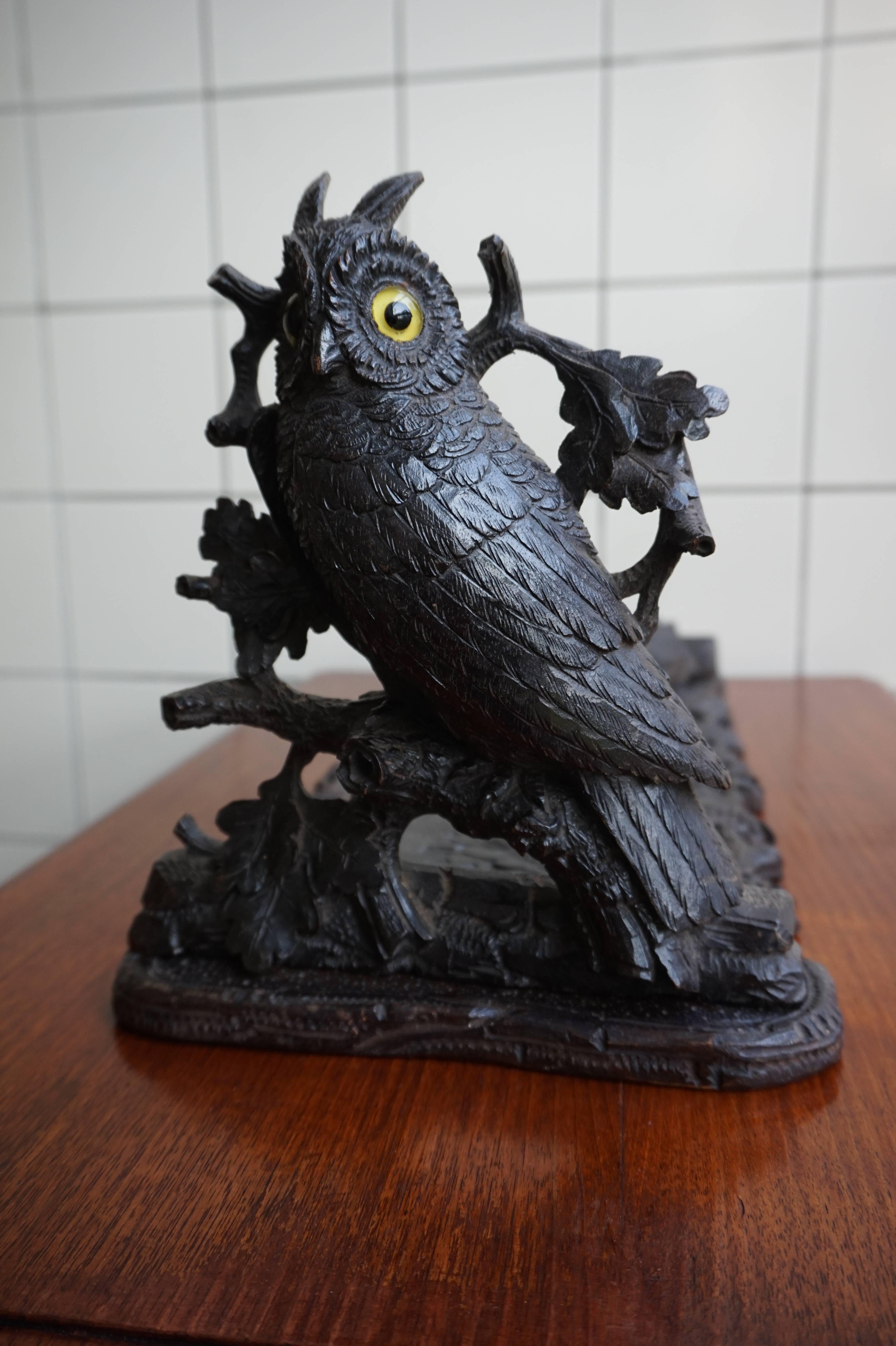 19th Century Large Antique Black Forest Owl Sculpture Book Rack with Sliding Owl Bookends For Sale