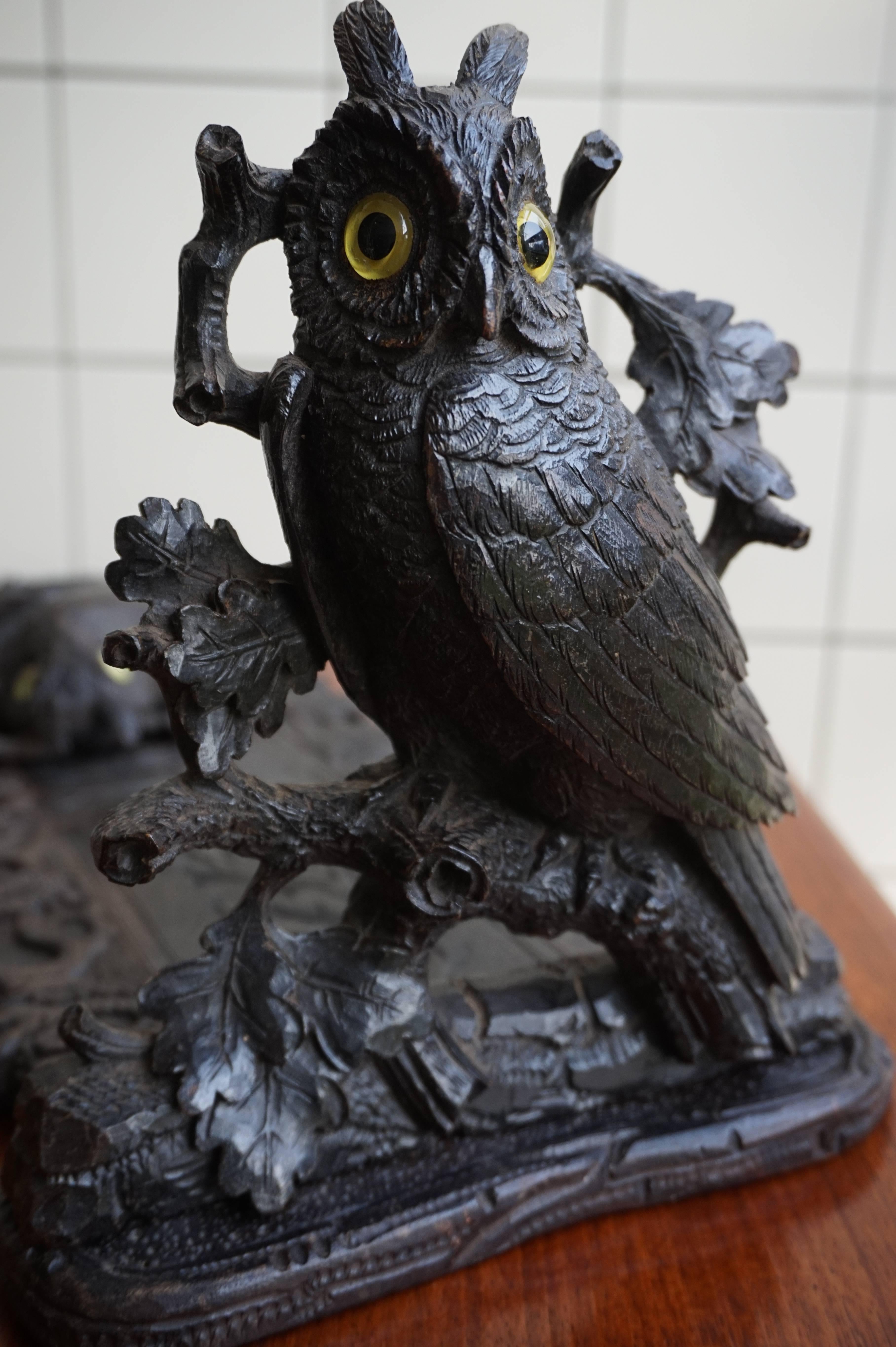 Glass Large Antique Black Forest Owl Sculpture Book Rack with Sliding Owl Bookends For Sale