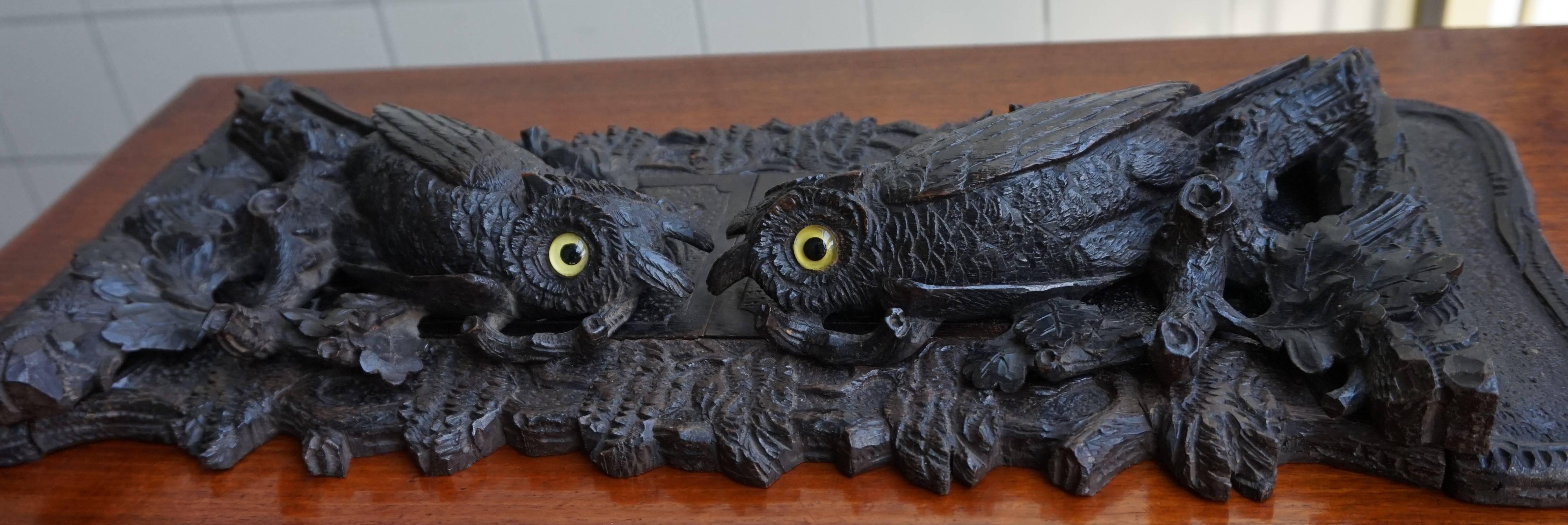 Large Antique Black Forest Owl Sculpture Book Rack with Sliding Owl Bookends For Sale 2