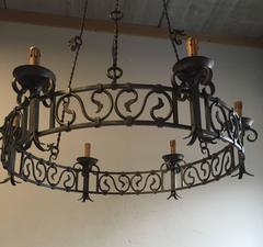Large Industrial Arts & Crafts Hand Forged Round Chandelier, Early 1900