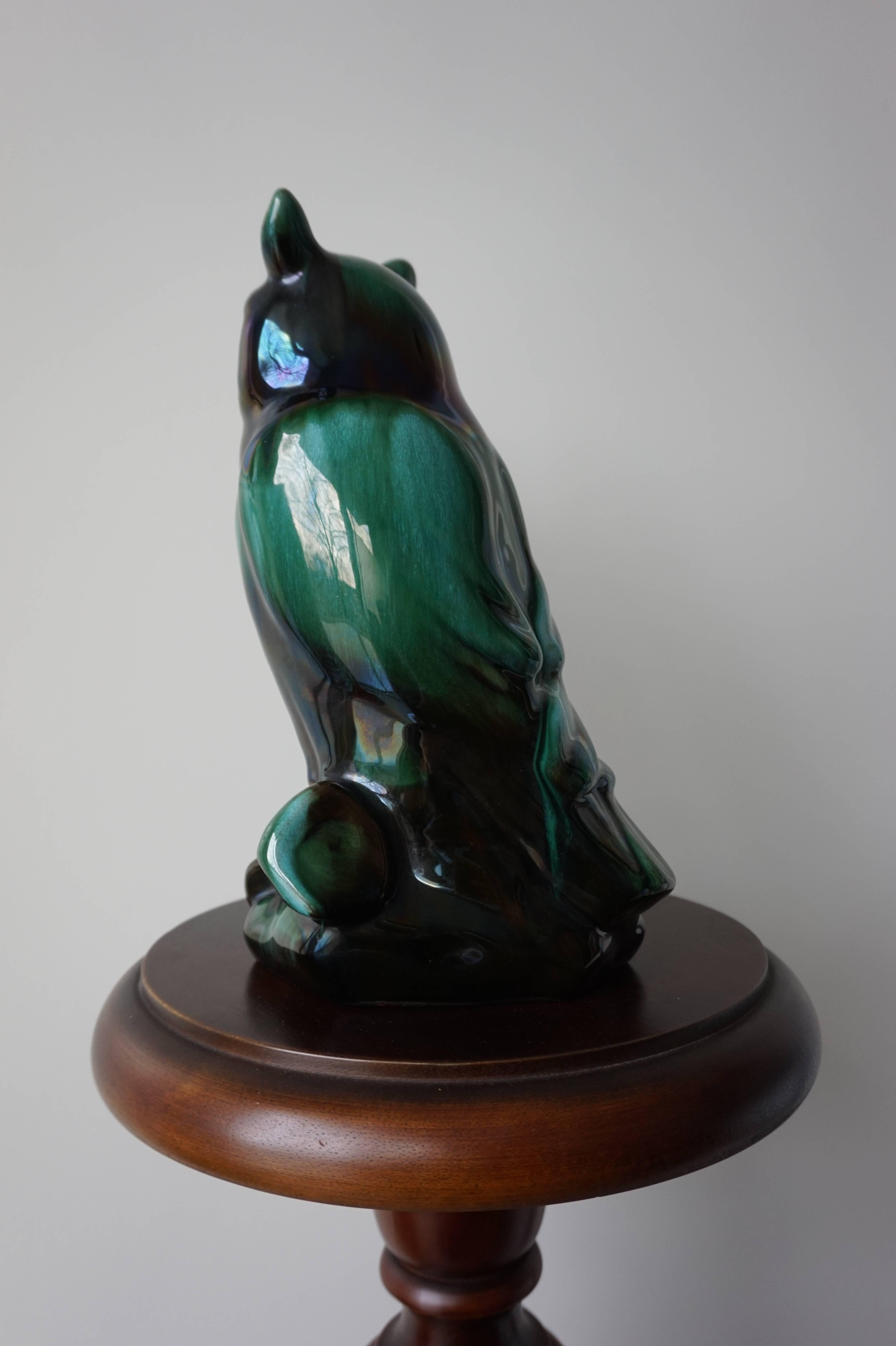 Mid-20th Century Glazed Earthenware Owl in Stunning Color and Mint Condition In Excellent Condition In Lisse, NL