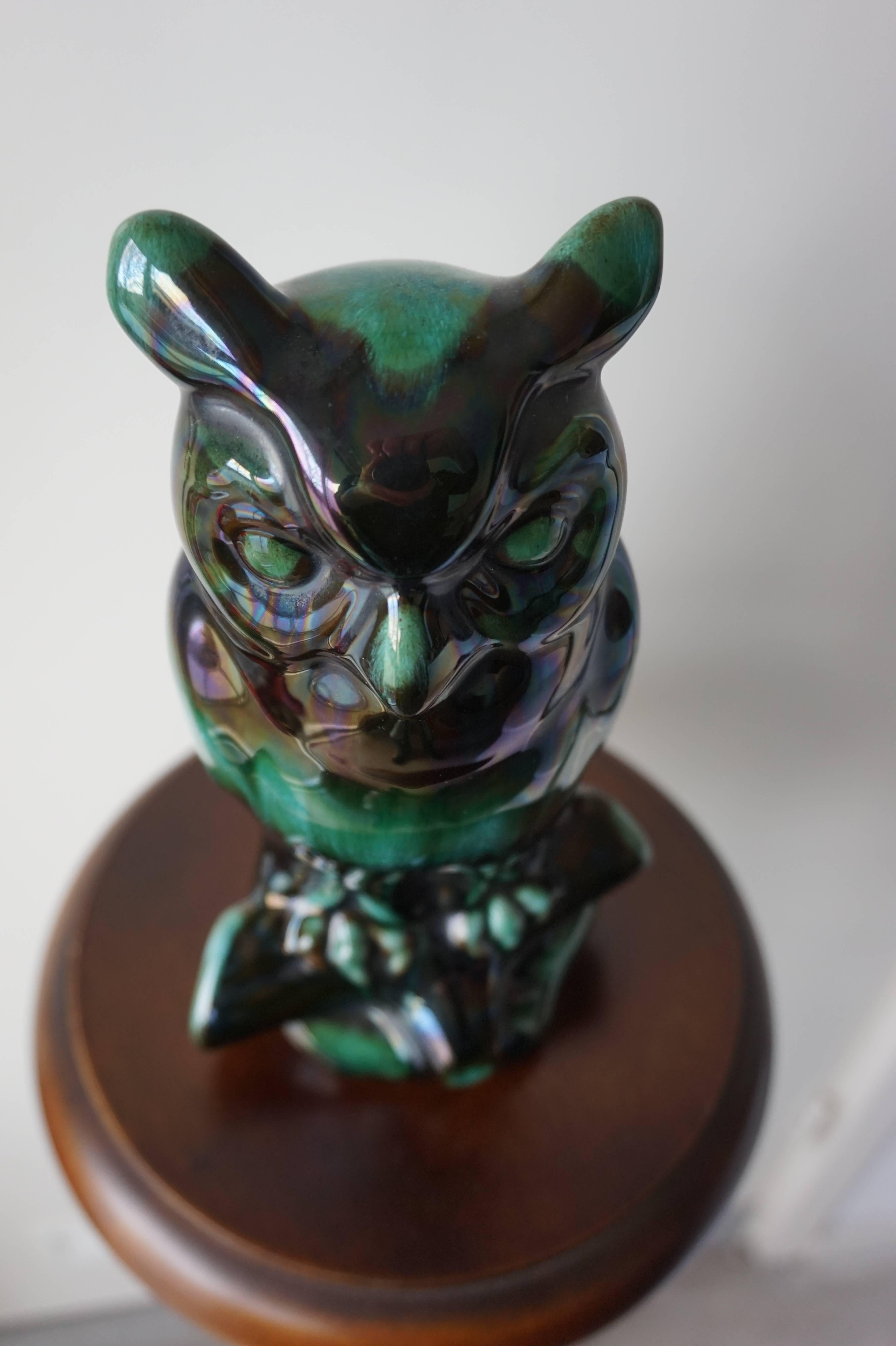 Mid-20th Century Glazed Earthenware Owl in Stunning Color and Mint Condition 5