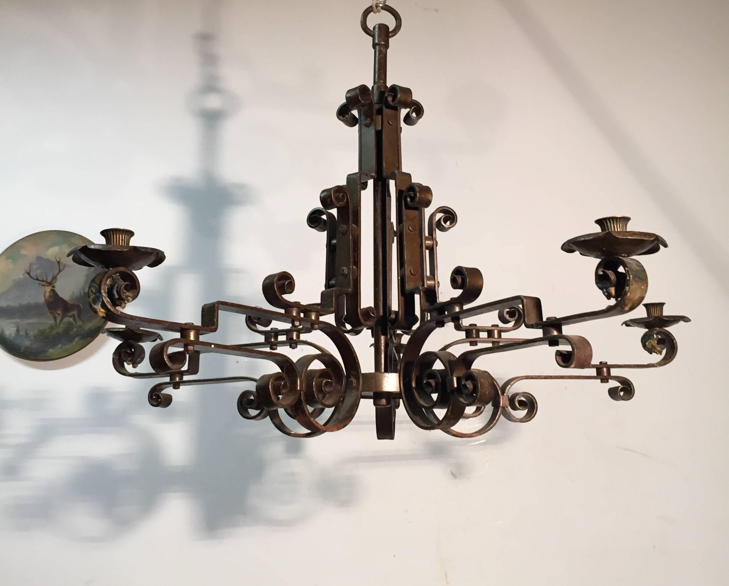 Modern Mid-Century Symmetrical Wrought Iron 5 Arm Candles or Electrical Chandelier