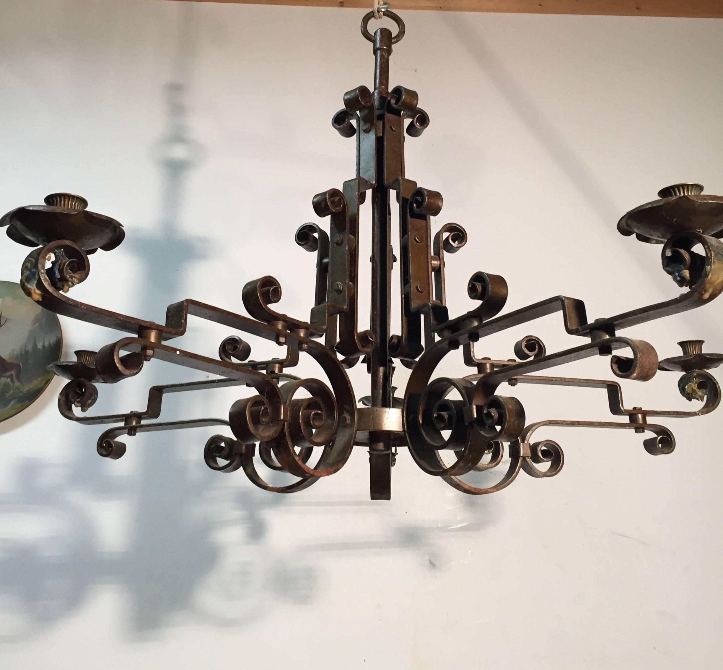 20th Century Mid-Century Symmetrical Wrought Iron 5 Arm Candles or Electrical Chandelier