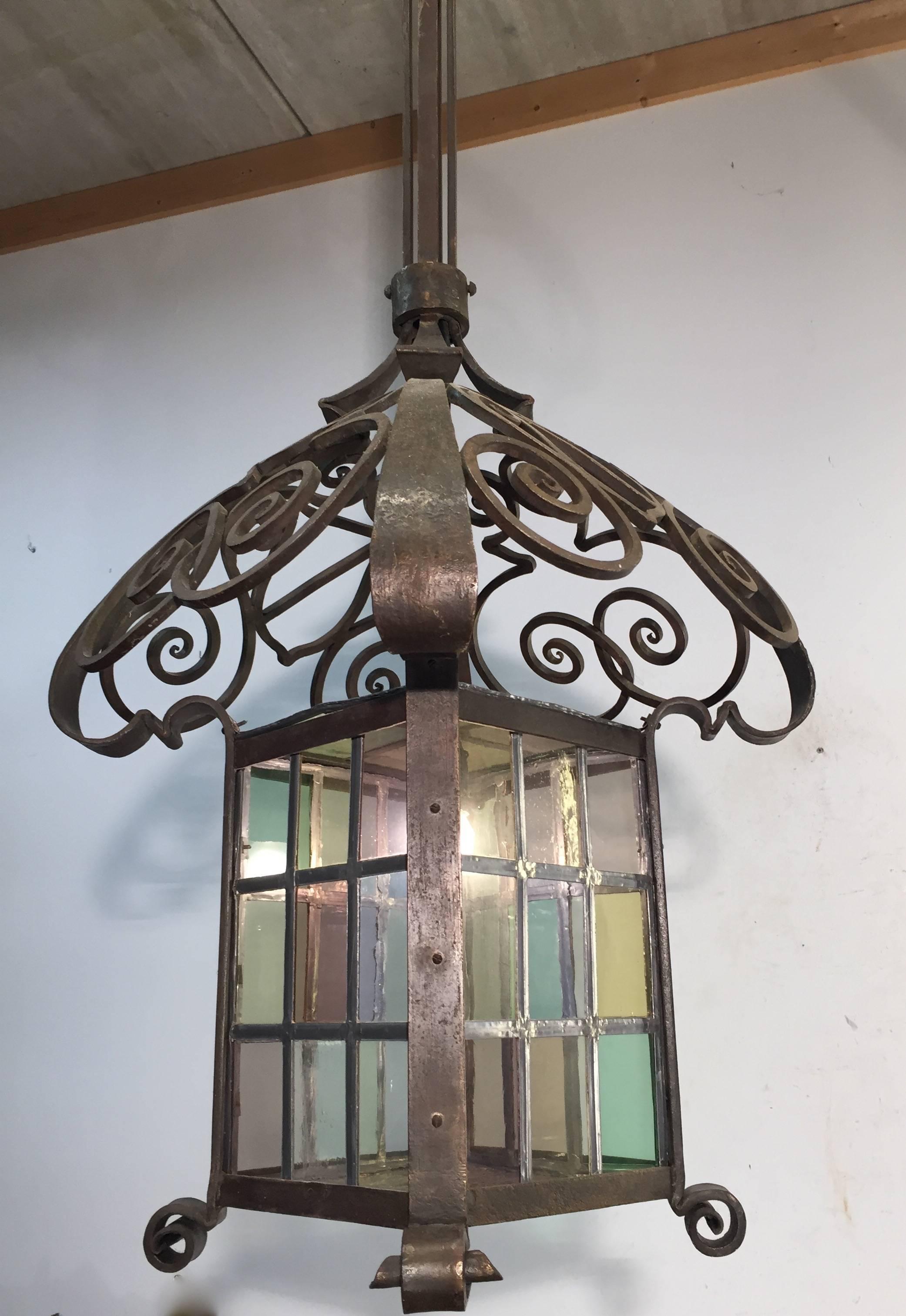 Art Nouveau Early 1900 Large Arts & Crafts Wrought Iron Lantern / Pendant with Stained Glass For Sale
