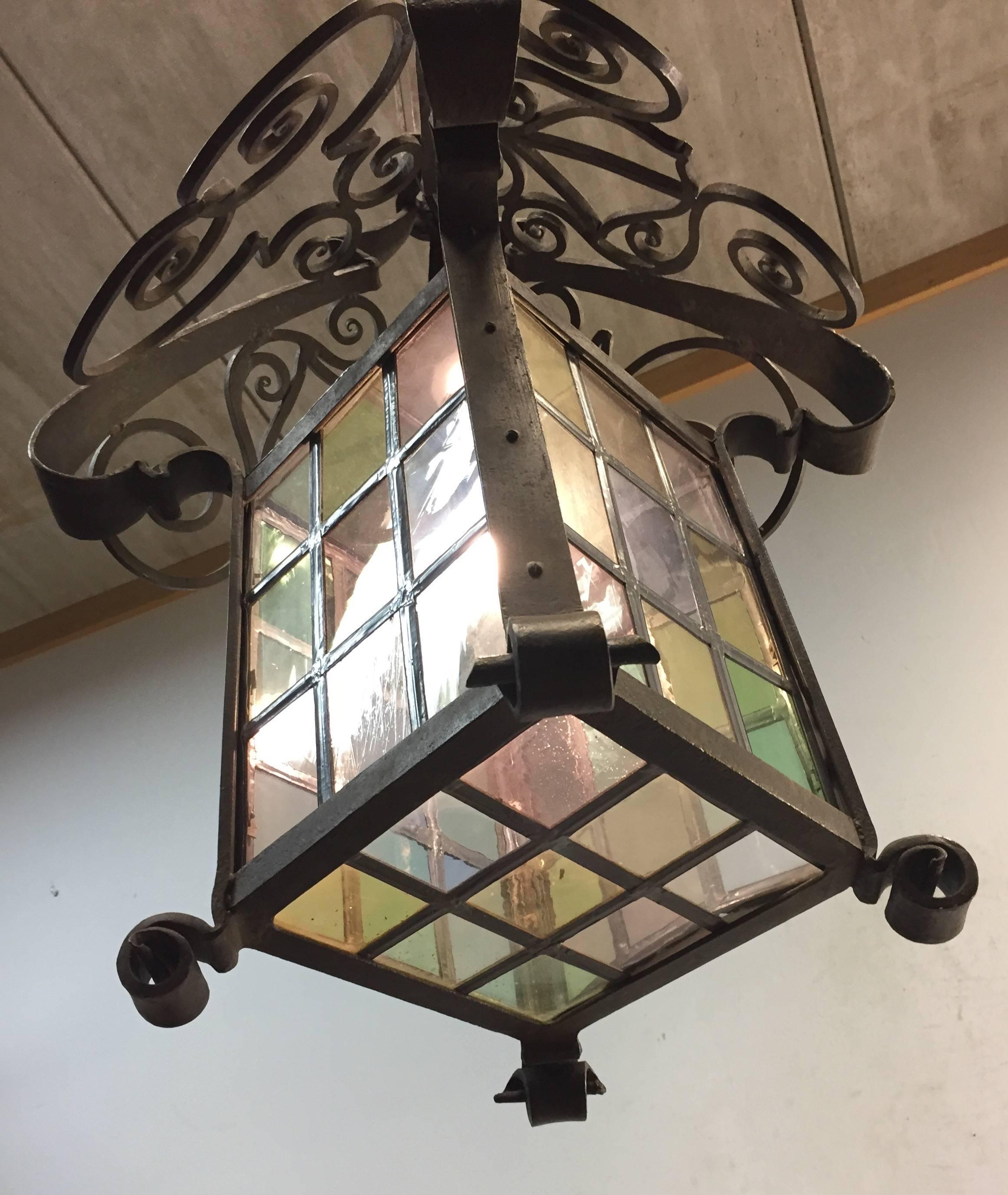 Early 1900 Large Arts & Crafts Wrought Iron Lantern / Pendant with Stained Glass In Excellent Condition For Sale In Lisse, NL