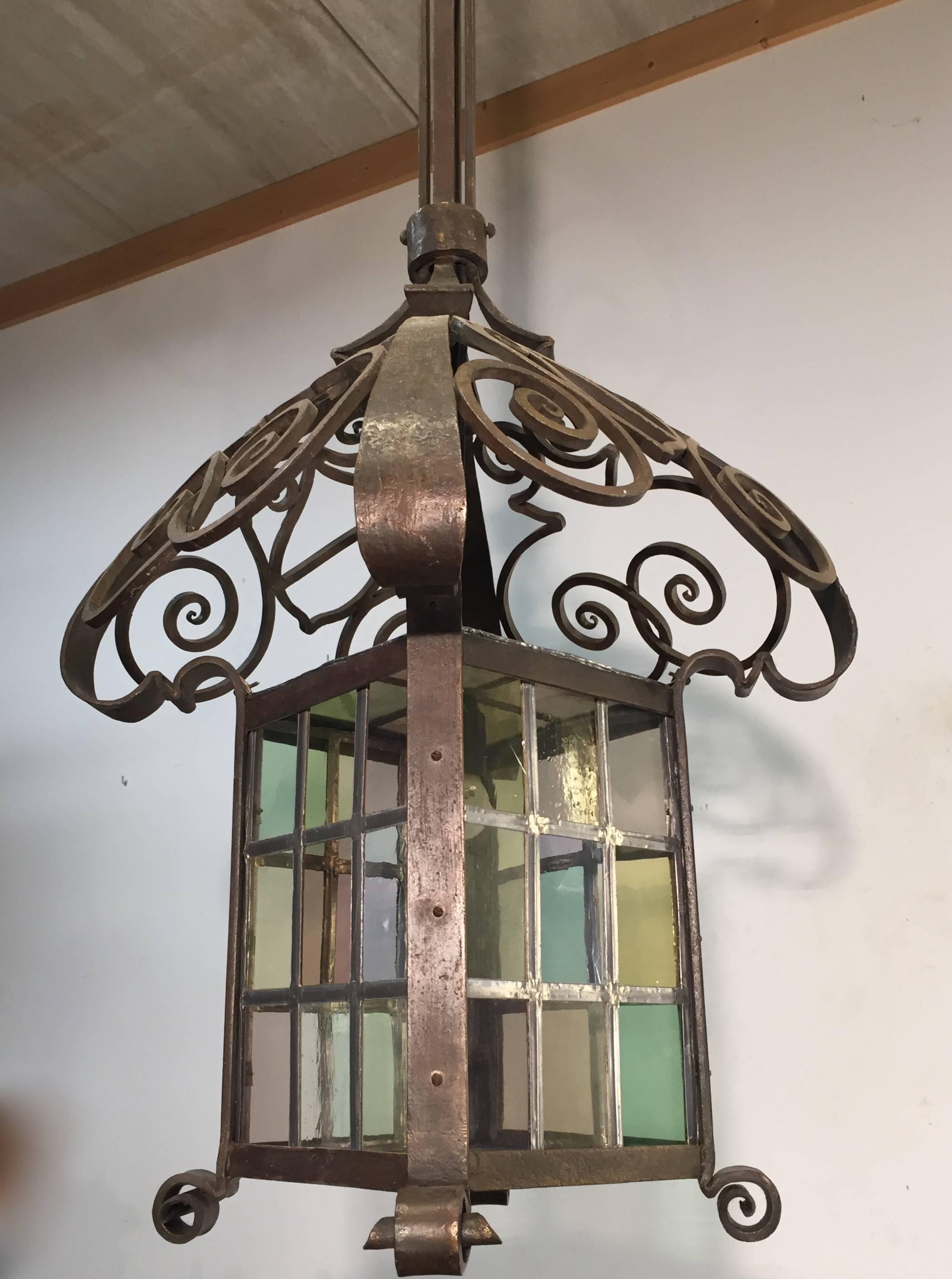 Early 1900 Large Arts & Crafts Wrought Iron Lantern / Pendant with Stained Glass For Sale 3
