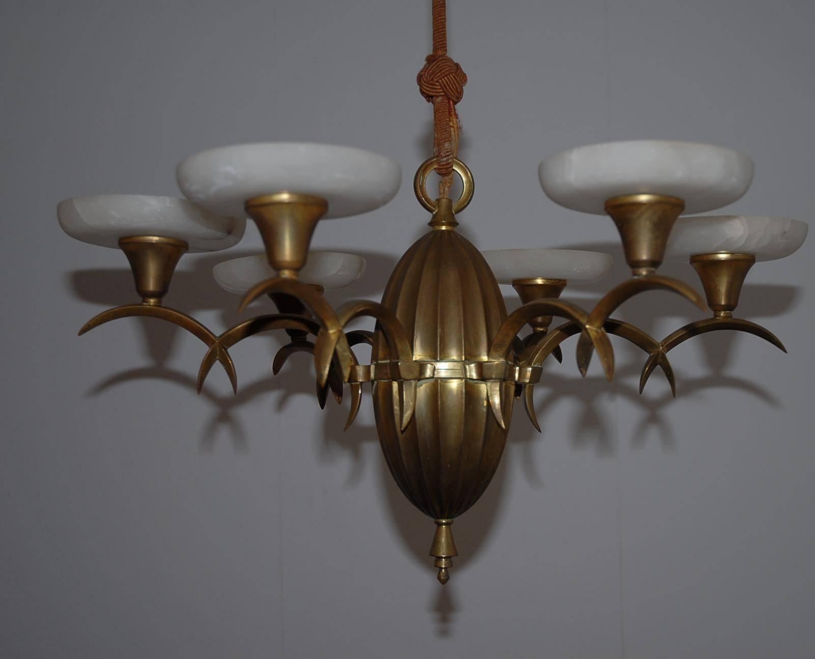 Original condition with rope and six alabaster shades.

Dagobert Peche (1887-1923)
This rare design six-arm pendant is in excellent condition and in good working order. Timeless, Art Deco designs like these fit in all kinds of interiors and the
