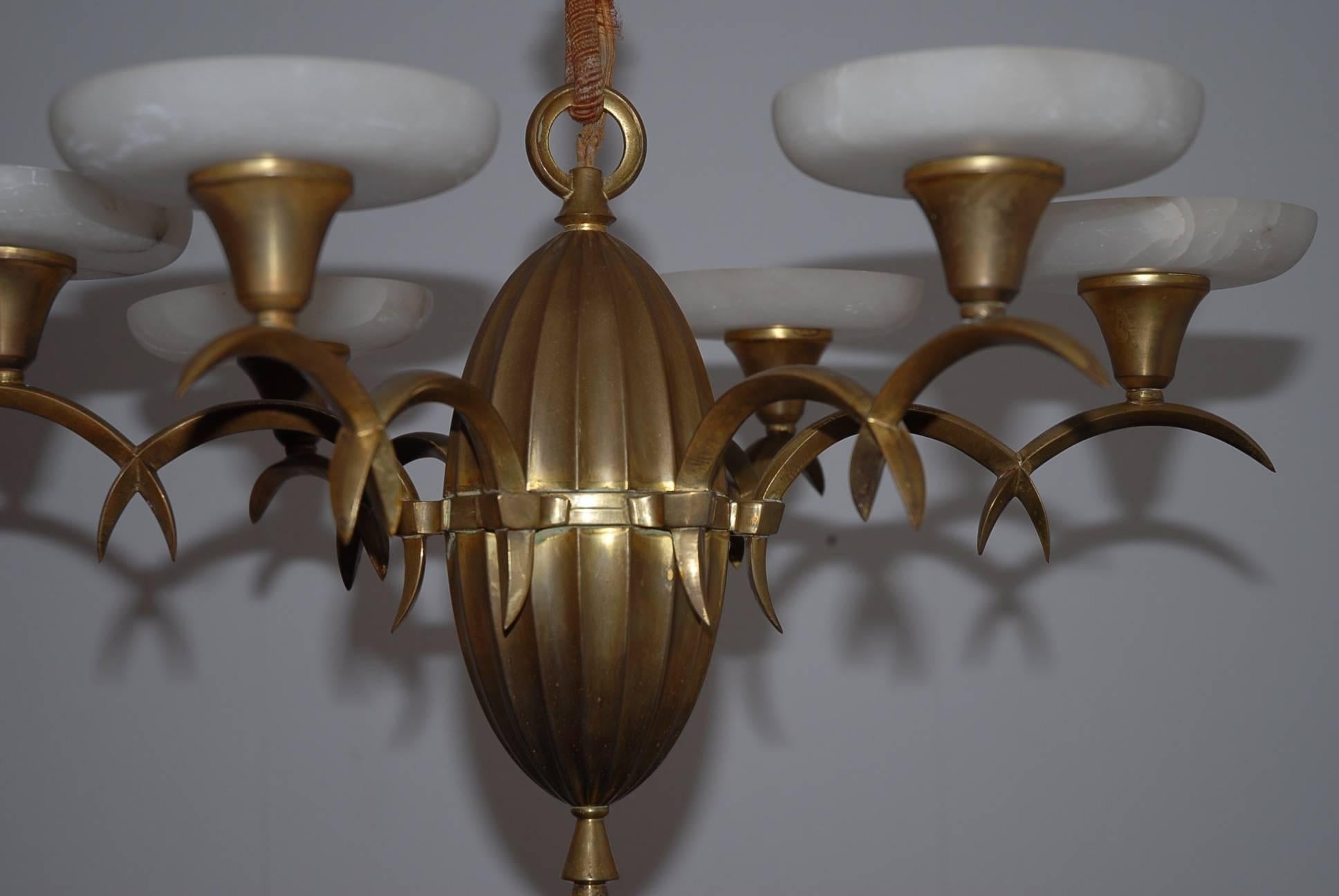 Art Deco Timless Arts and Crafts Gilt Brass & Alabaster Pendant Light by Dagobert Peche