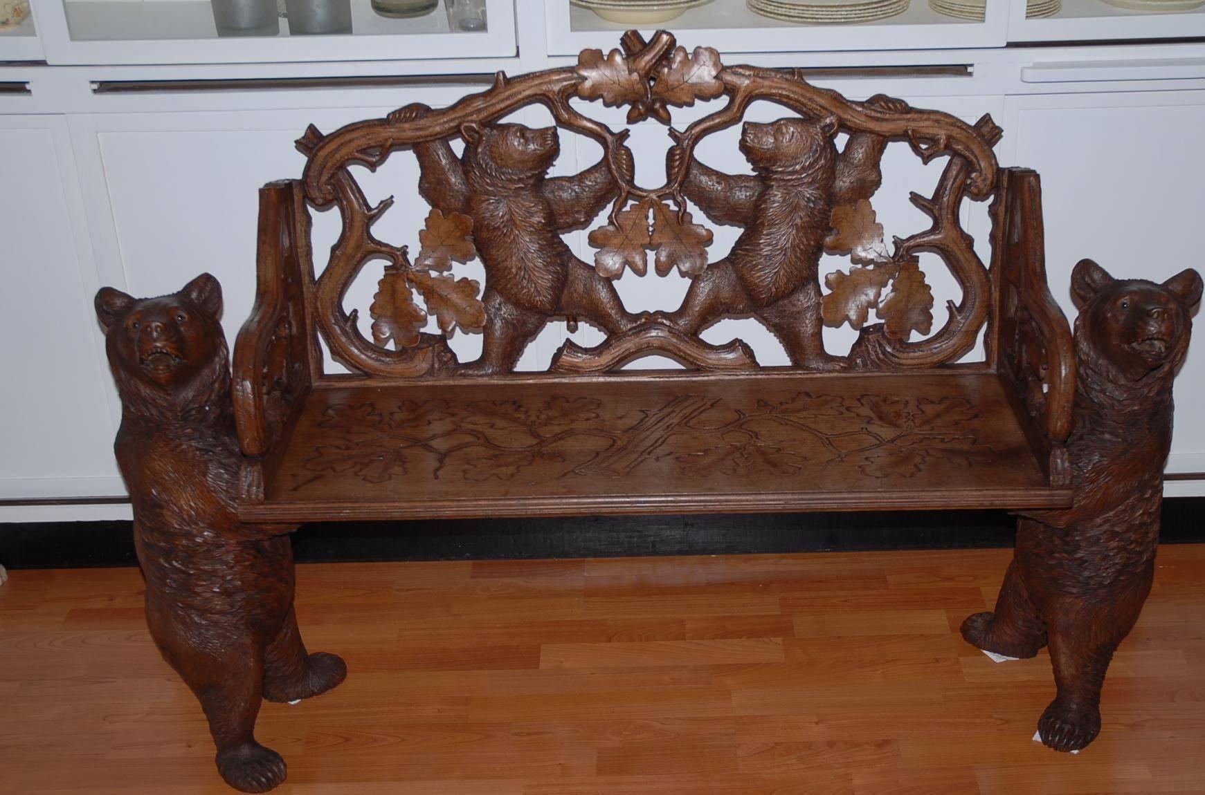 Beautiful and rare bear bench showpiece.

An original, antique bear bench from Switzerland is a unique find these days. This quality hand carving you hardly find anymore. This craftsmanship has seized to exist. The woodcarvers in the 19th century
