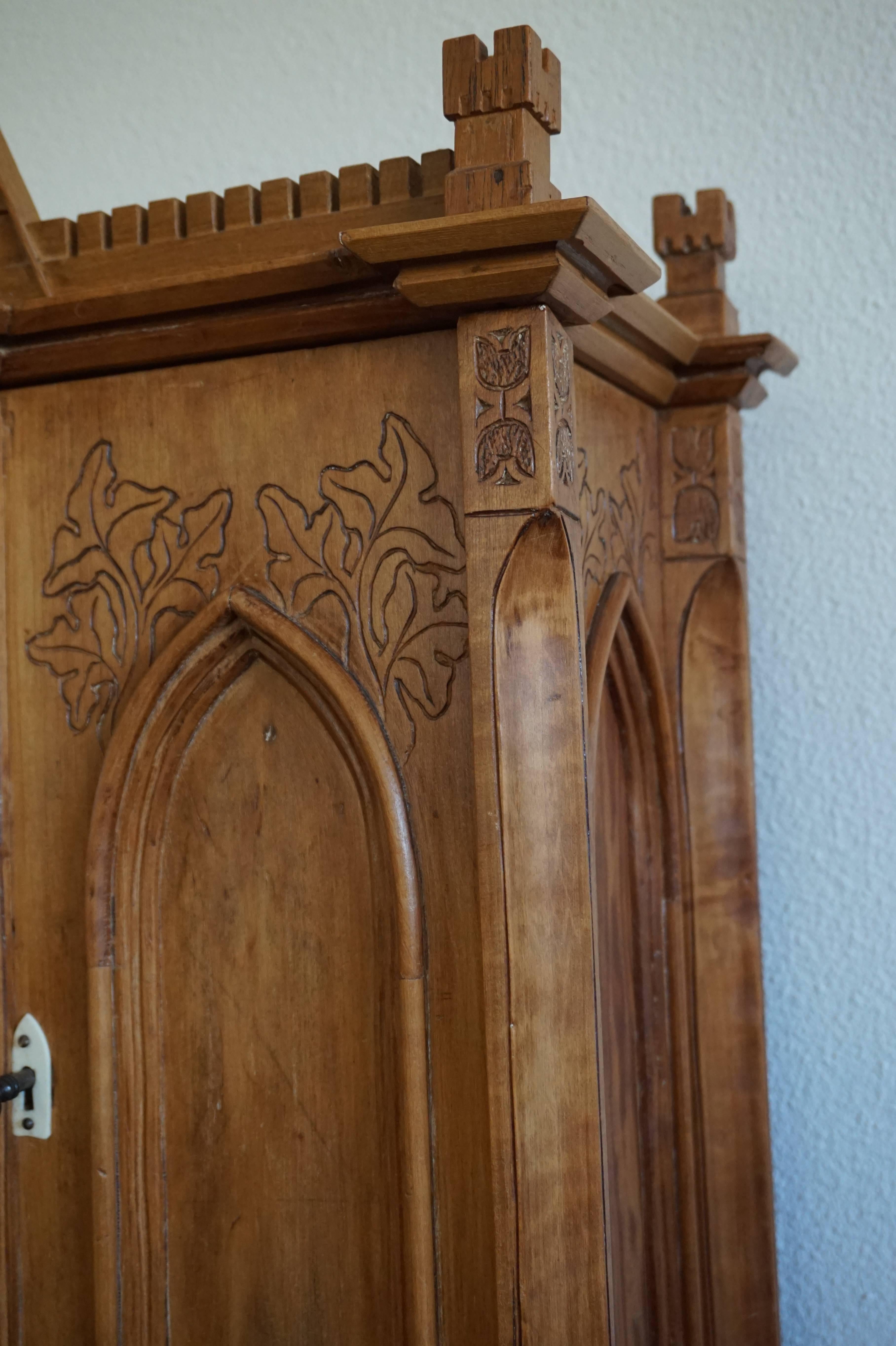 European Antique Gothic Revival Hand-Carved Castle Shape Miniature Cabinet
