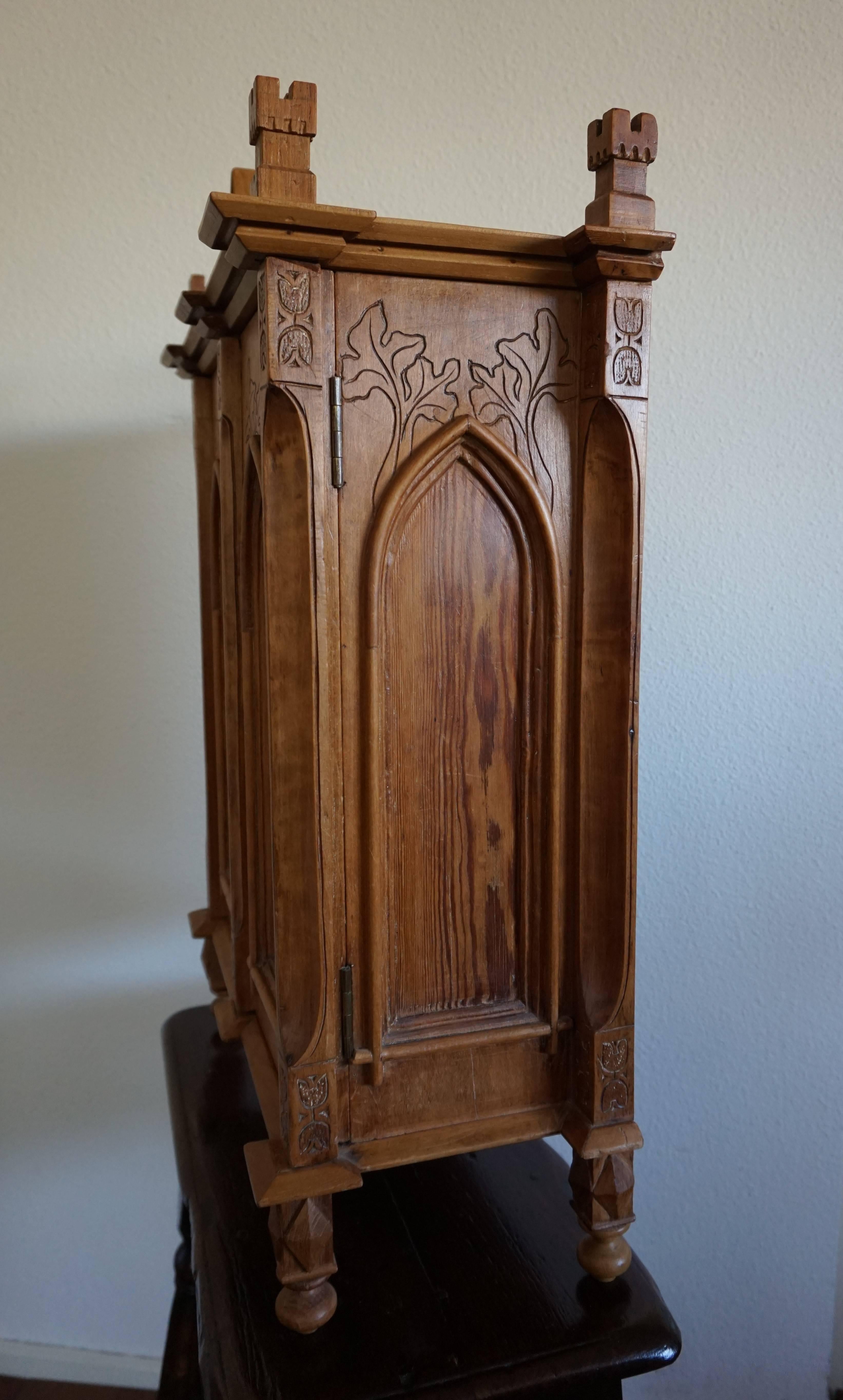 Antique Gothic Revival Hand-Carved Castle Shape Miniature Cabinet 3